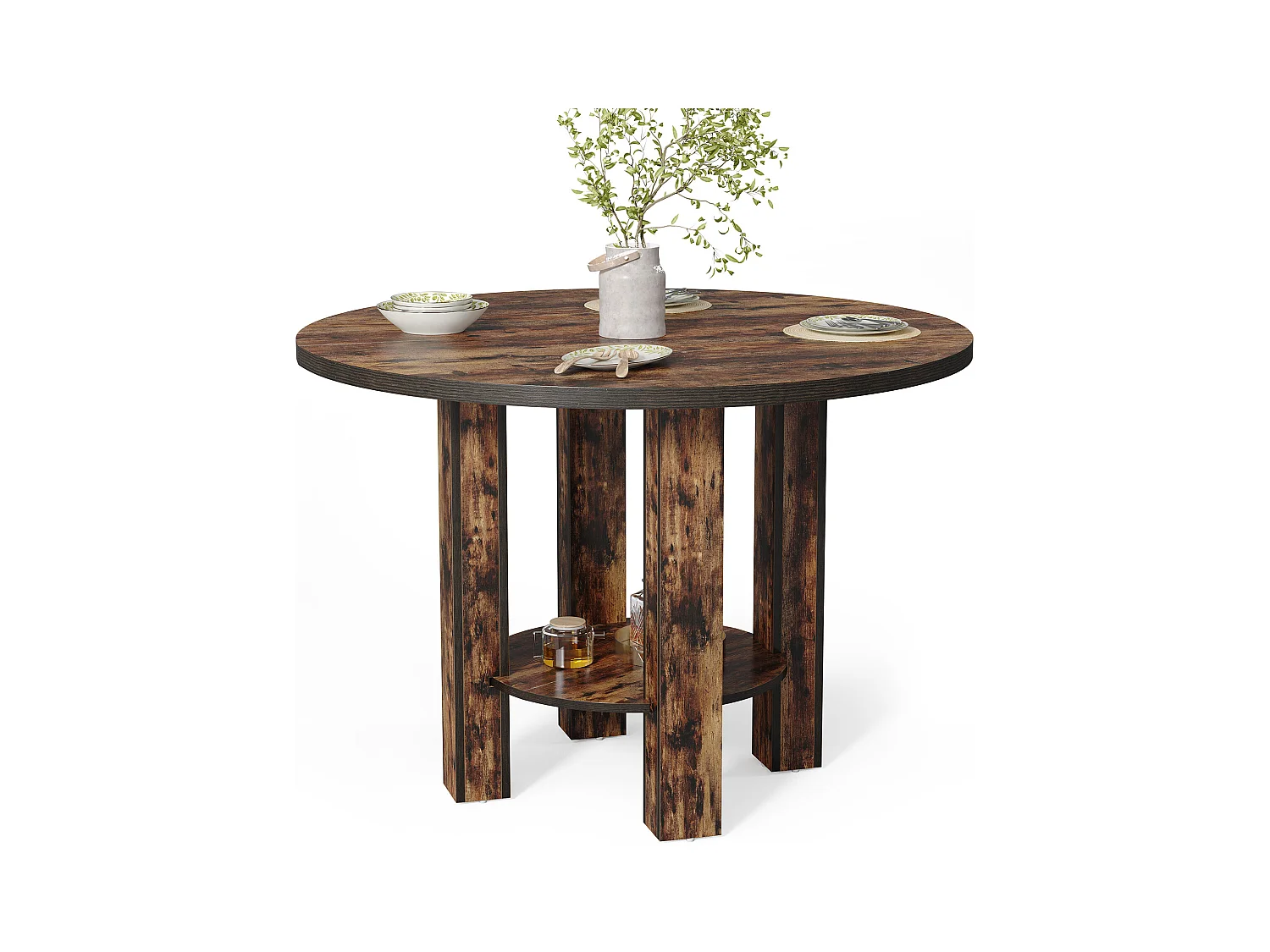 Table à manger ronde pour 4 personnes, 100 cm, table de cuisine avec étagère de rangement