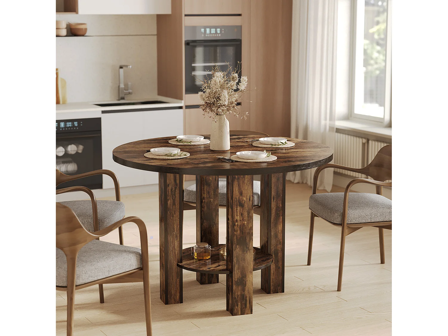 Table à manger ronde pour 4 personnes, 100 cm, table de cuisine avec étagère de rangement