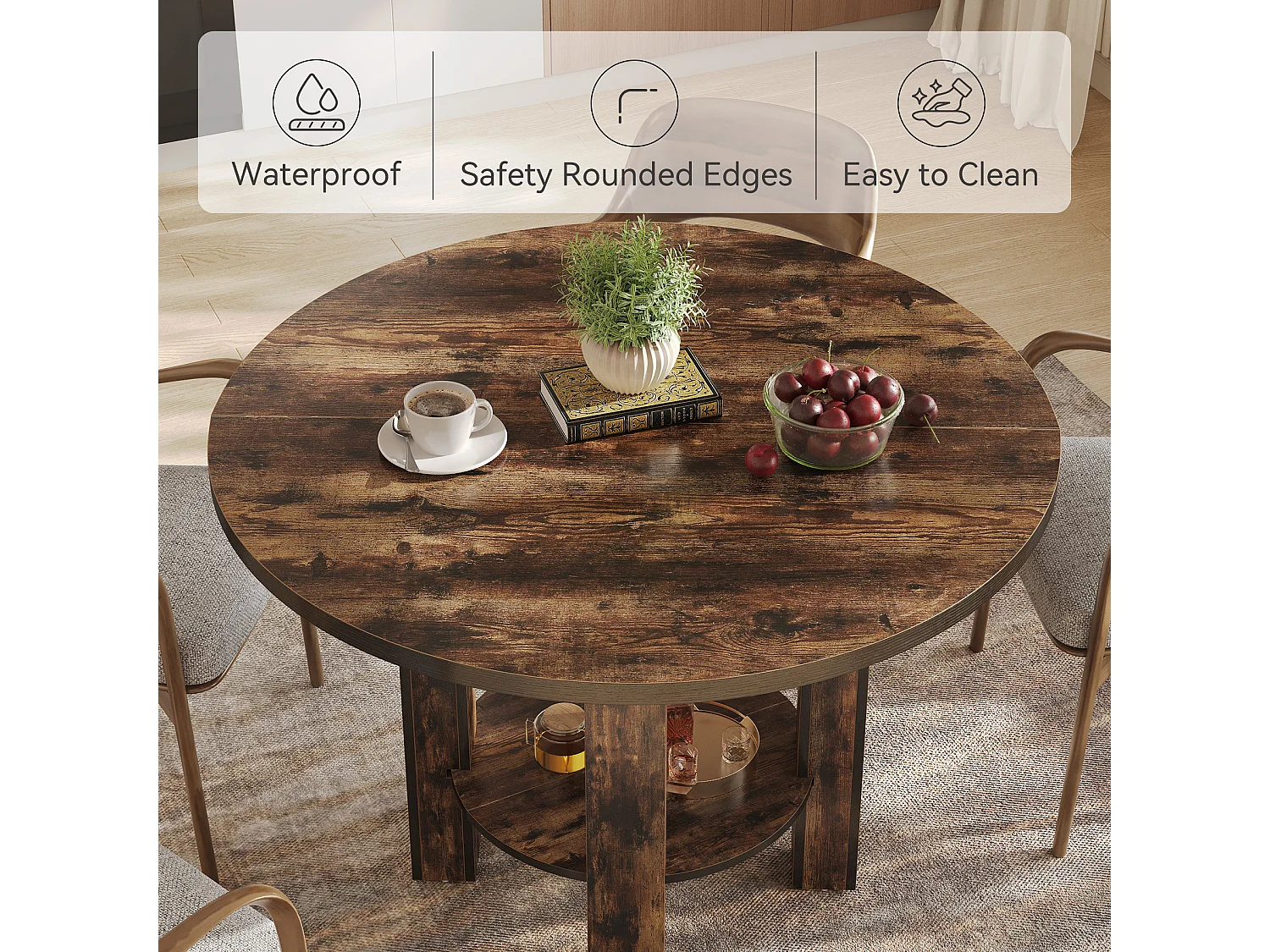 Table à manger ronde pour 4 personnes, 100 cm, table de cuisine avec étagère de rangement