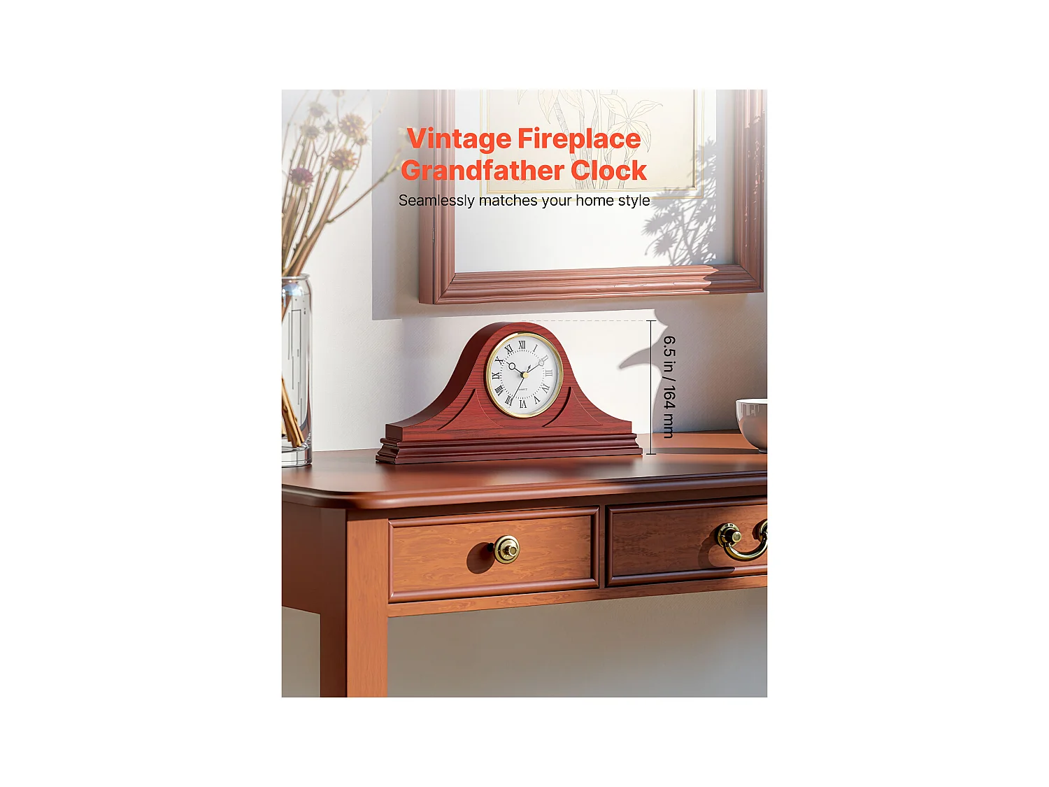 Retro Kaminuhr SucceBuy, 16.4 cm, Vintage Klassische Tischuhr MDF mit Integriertem Quarzwerk, Leises Design, für Wohnzimmer