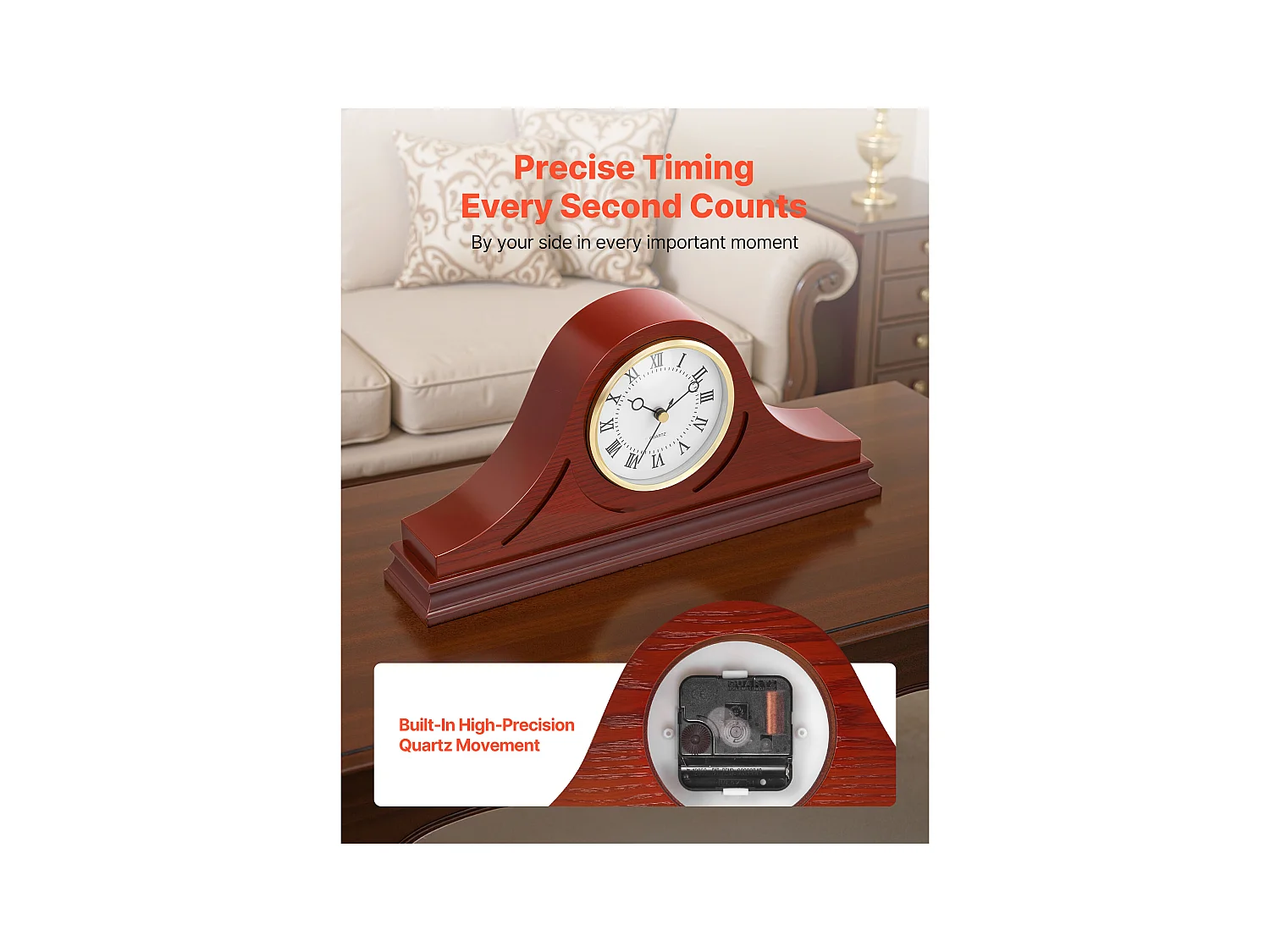 Retro Kaminuhr SucceBuy, 16.4 cm, Vintage Klassische Tischuhr MDF mit Integriertem Quarzwerk, Leises Design, für Wohnzimmer