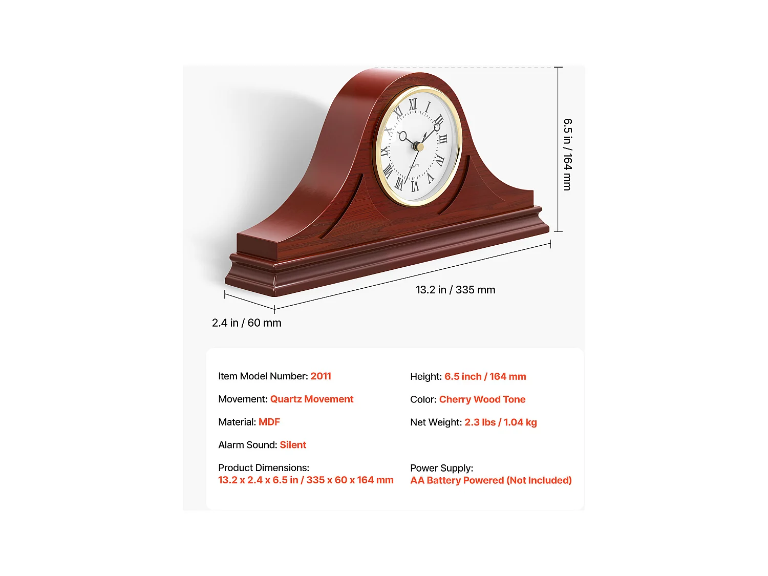 Retro Zegar na Kominek SucceBuy, 16.4 cm, Vintage Klasyczny Zegar Stojący MDF z Wbudowanym Mechanizmem Kwarcowym, Cicha Praca, do Salonu