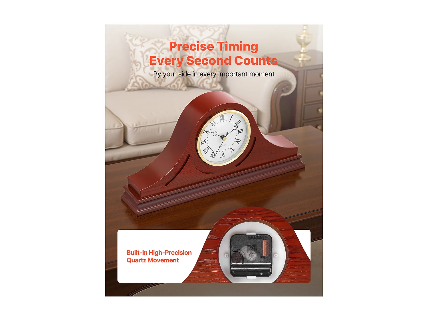 Retro Kaminuhr SucceBuy, 16.4 cm, Vintage Klassische Tischuhr MDF mit Integriertem Quarzwerk, Leises Design, für Wohnzimmer