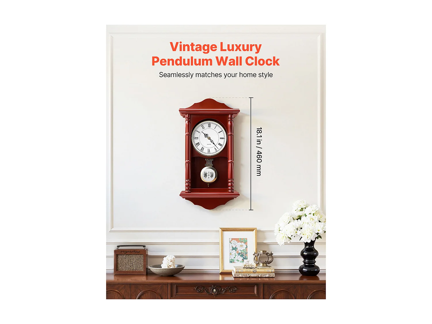 Retro Wandklok met Slinger SucceBuy, 46 cm, Vintage Klassieke Slingerklok Grenen Hout MDF, Geïntegreerde Quartz Beweging, Stil Ontwerp, voor Woonkamer