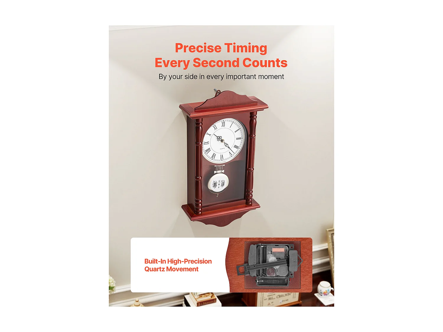 Retro Wandklok met Slinger SucceBuy, 46 cm, Vintage Klassieke Slingerklok Grenen Hout MDF, Geïntegreerde Quartz Beweging, Stil Ontwerp, voor Woonkamer