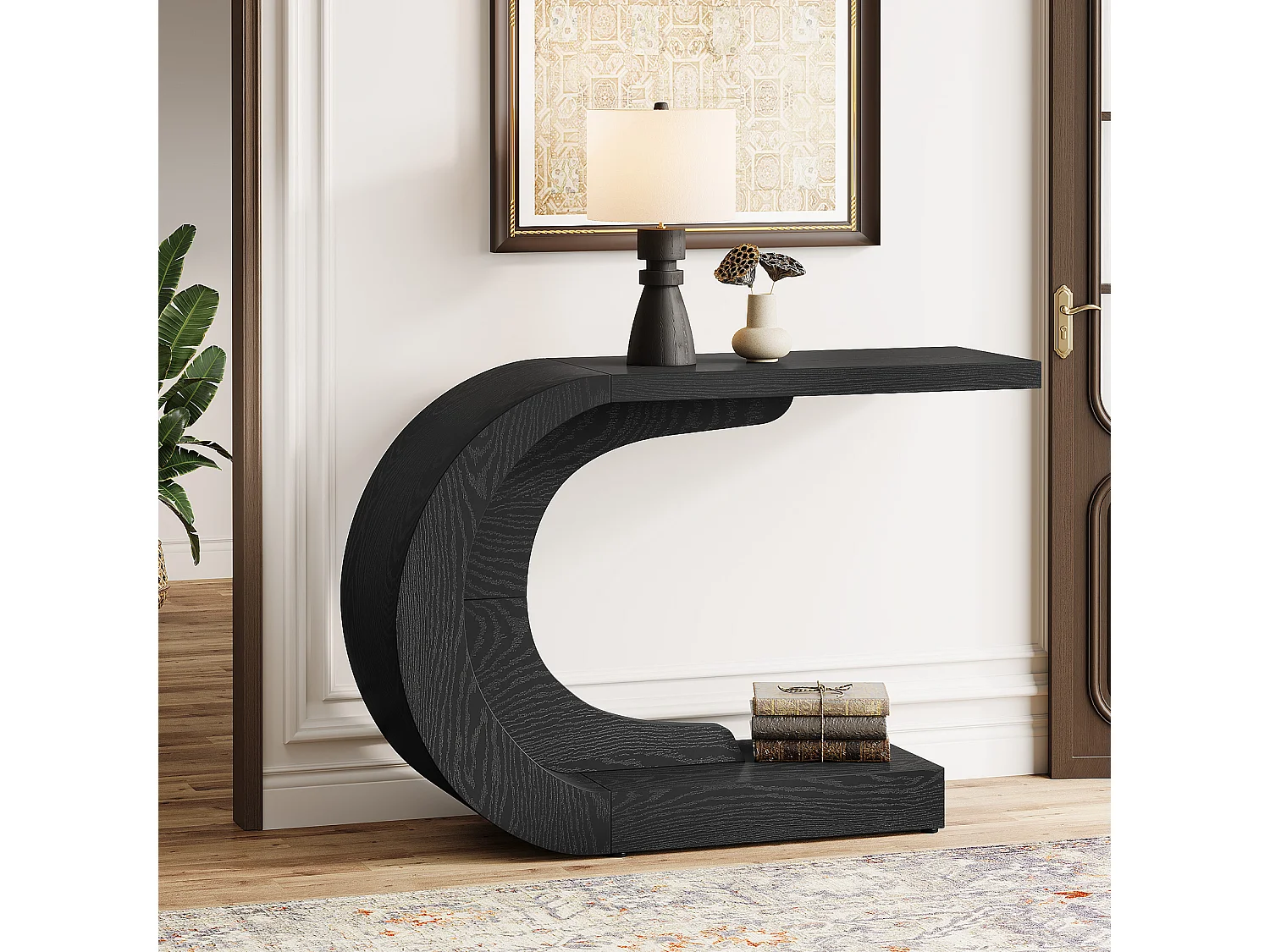 110cm console-entreetafel met opbergruimte, unieke C-vormige zwarte achterbanktafel