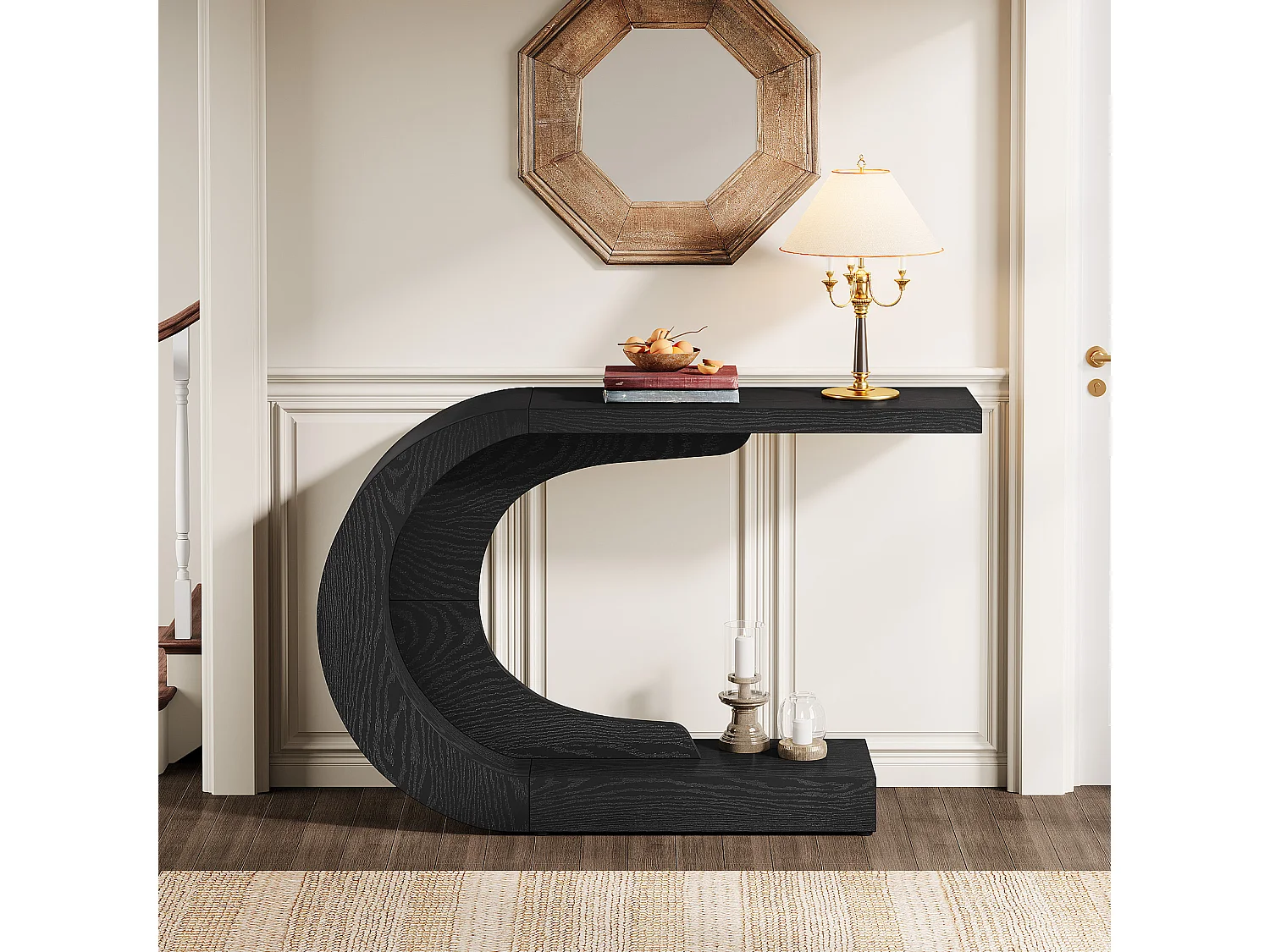 110cm console-entreetafel met opbergruimte, unieke C-vormige zwarte achterbanktafel