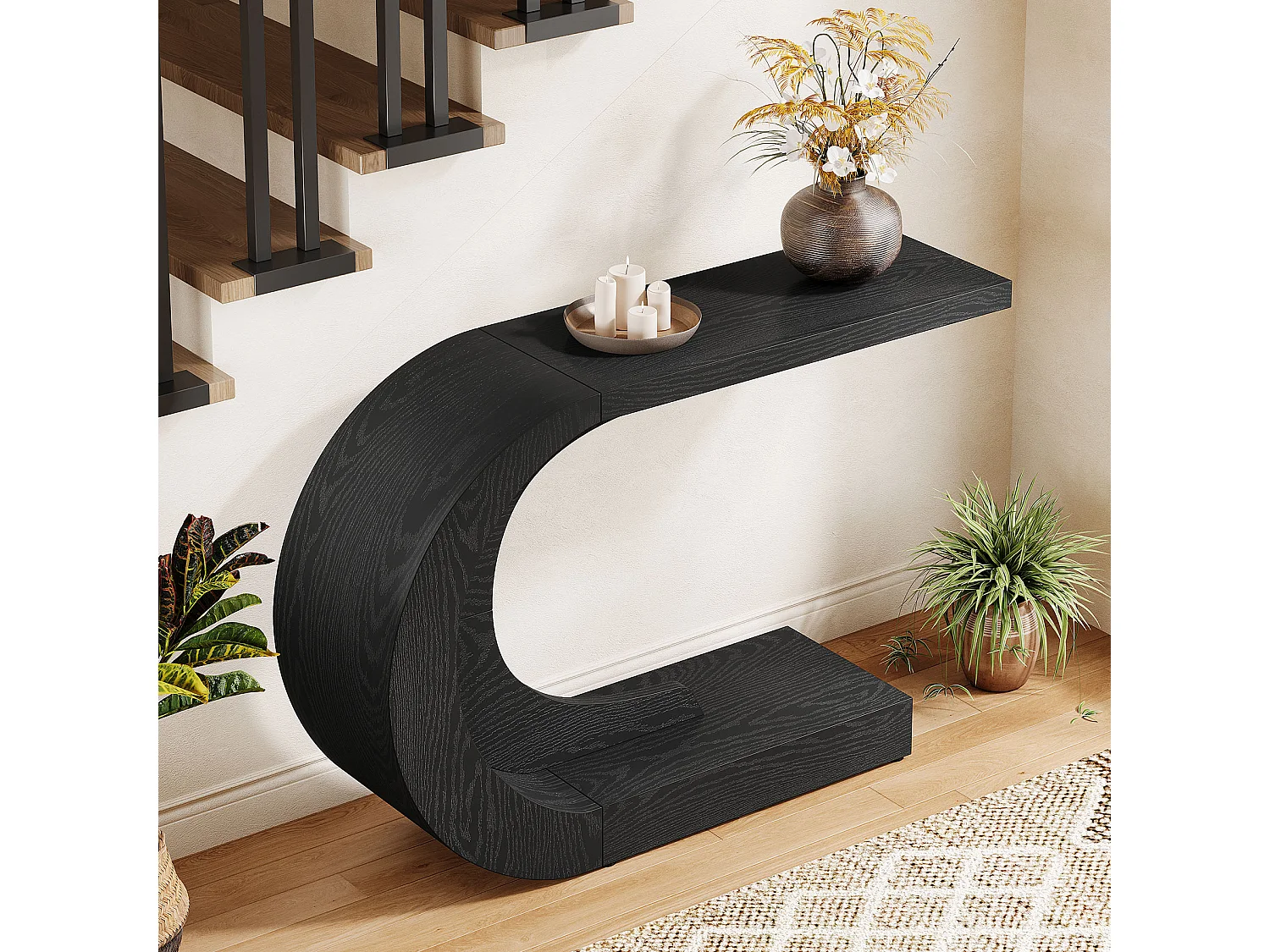 110cm console-entreetafel met opbergruimte, unieke C-vormige zwarte achterbanktafel