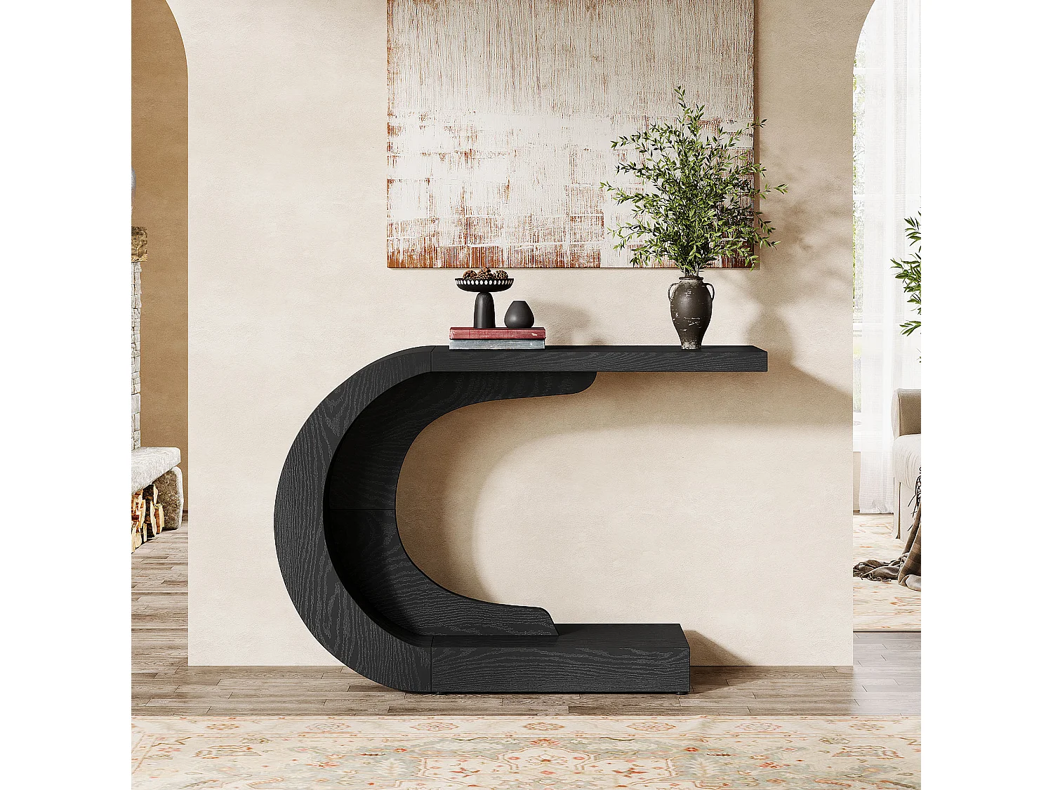 110cm console-entreetafel met opbergruimte, unieke C-vormige zwarte achterbanktafel