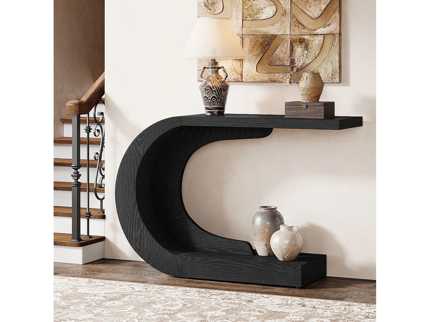 Console d'entrée de 110 cm avec rangement, table de canapé noire unique en forme de C derrière le canapé