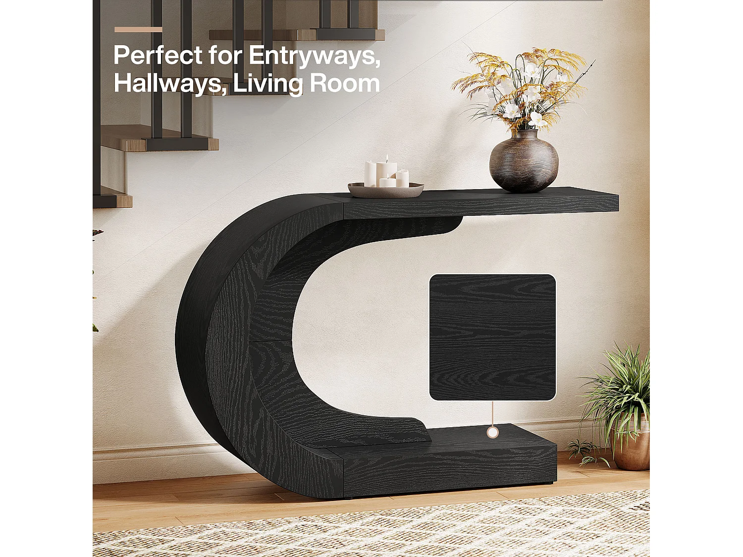 Console d'entrée de 110 cm avec rangement, table de canapé noire unique en forme de C derrière le canapé
