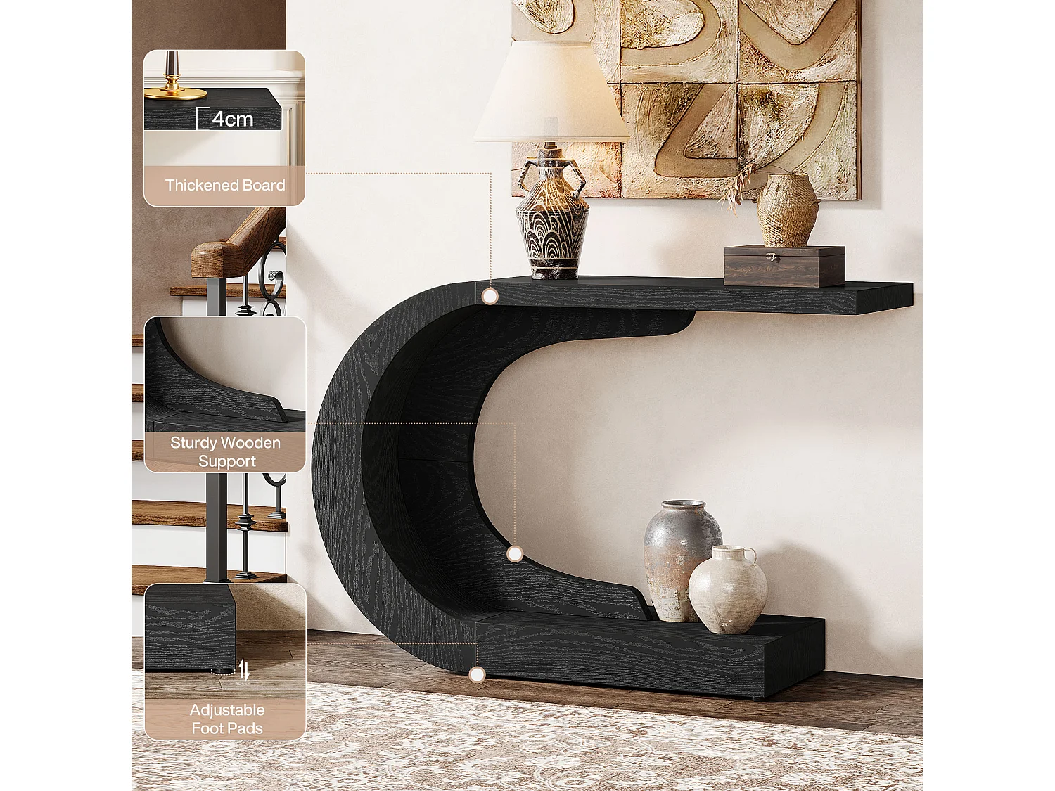 Console d'entrée de 110 cm avec rangement, table de canapé noire unique en forme de C derrière le canapé