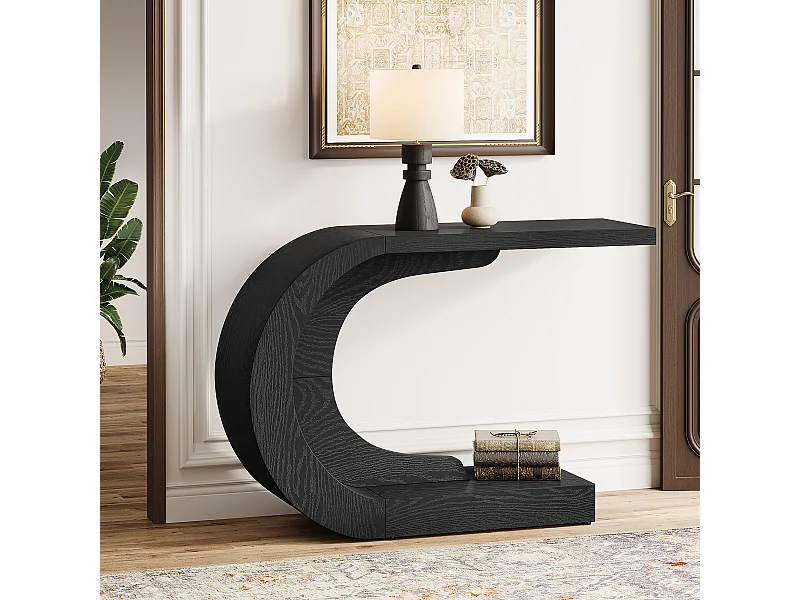 110cm console-entreetafel met opbergruimte, unieke C-vormige zwarte achterbanktafel
