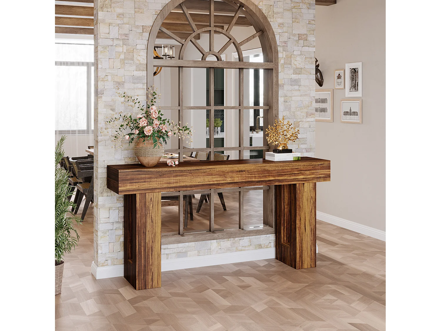 Console rectangulaire en bois de 160 cm de long, idéale derrière le canapé, style ferme