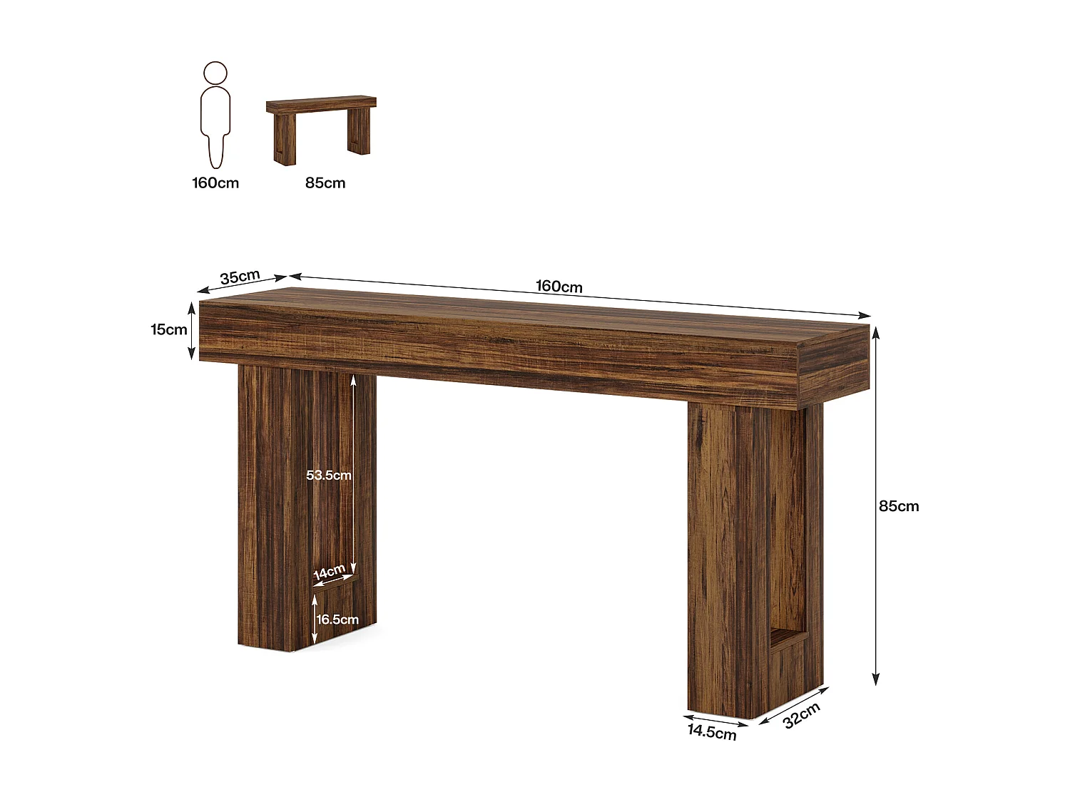 Console rectangulaire en bois de 160 cm de long, idéale derrière le canapé, style ferme