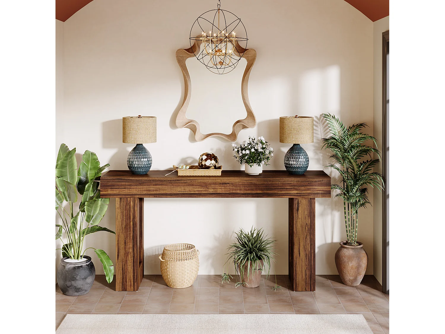 Console rectangulaire en bois de 160 cm de long, idéale derrière le canapé, style ferme