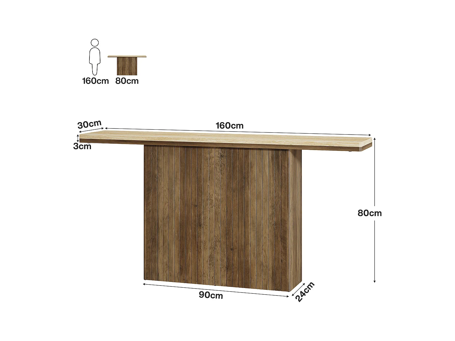 Console cannelée de style ferme pour entrée, table de canapé de 160 cm de long derrière le canapé