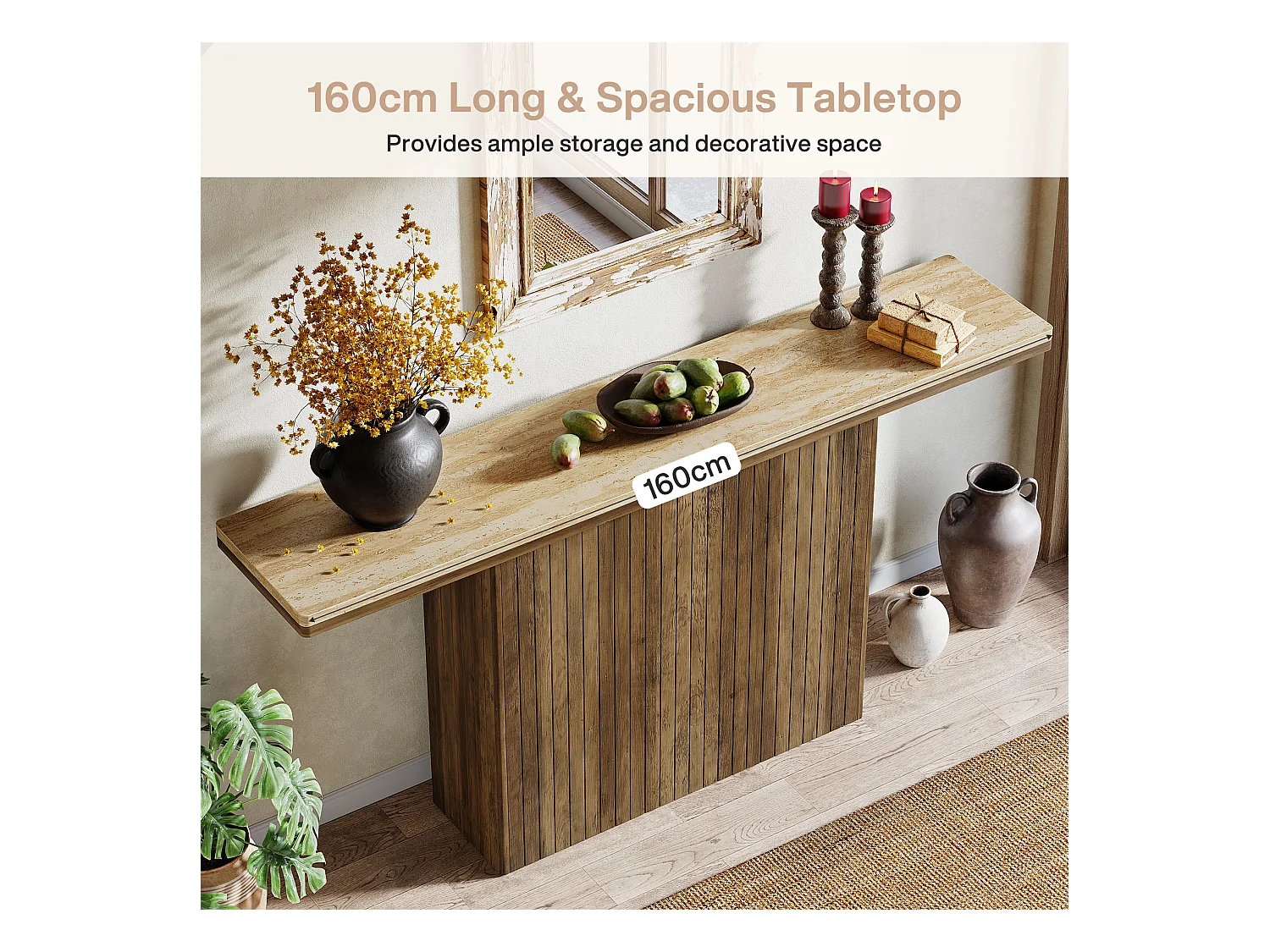 Console cannelée de style ferme pour entrée, table de canapé de 160 cm de long derrière le canapé