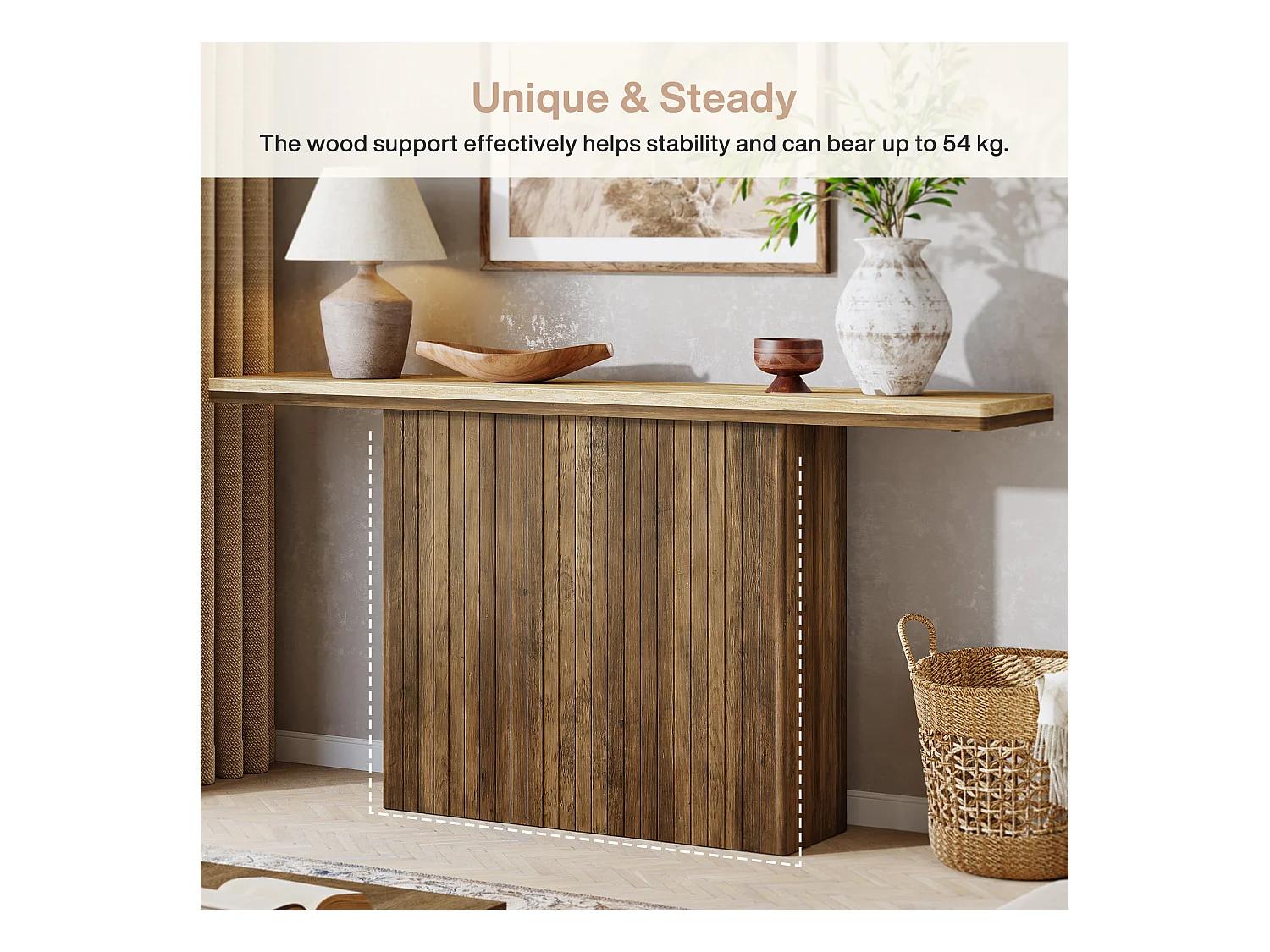 Console cannelée de style ferme pour entrée, table de canapé de 160 cm de long derrière le canapé