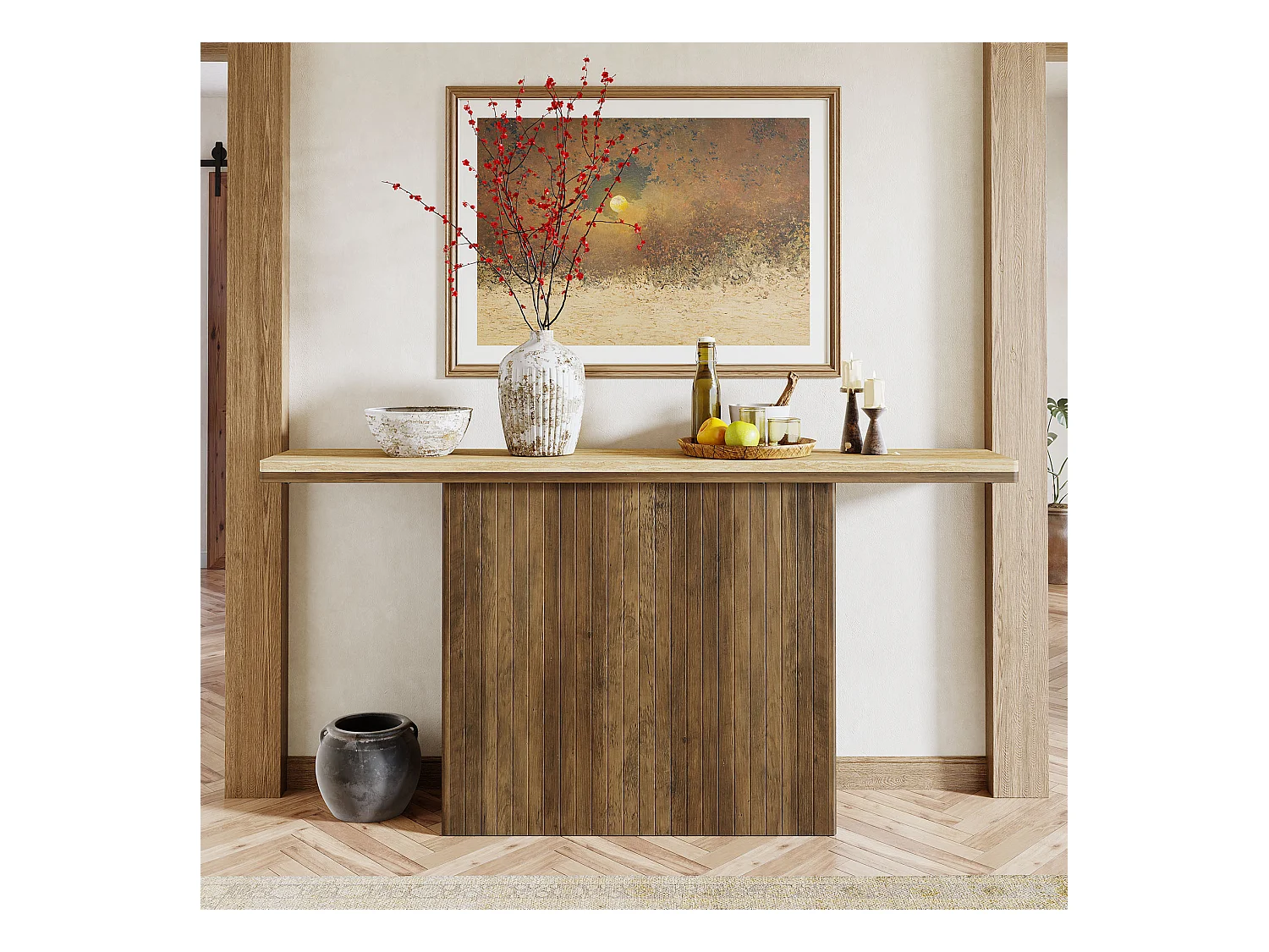 Console cannelée de style ferme pour entrée, table de canapé de 160 cm de long derrière le canapé