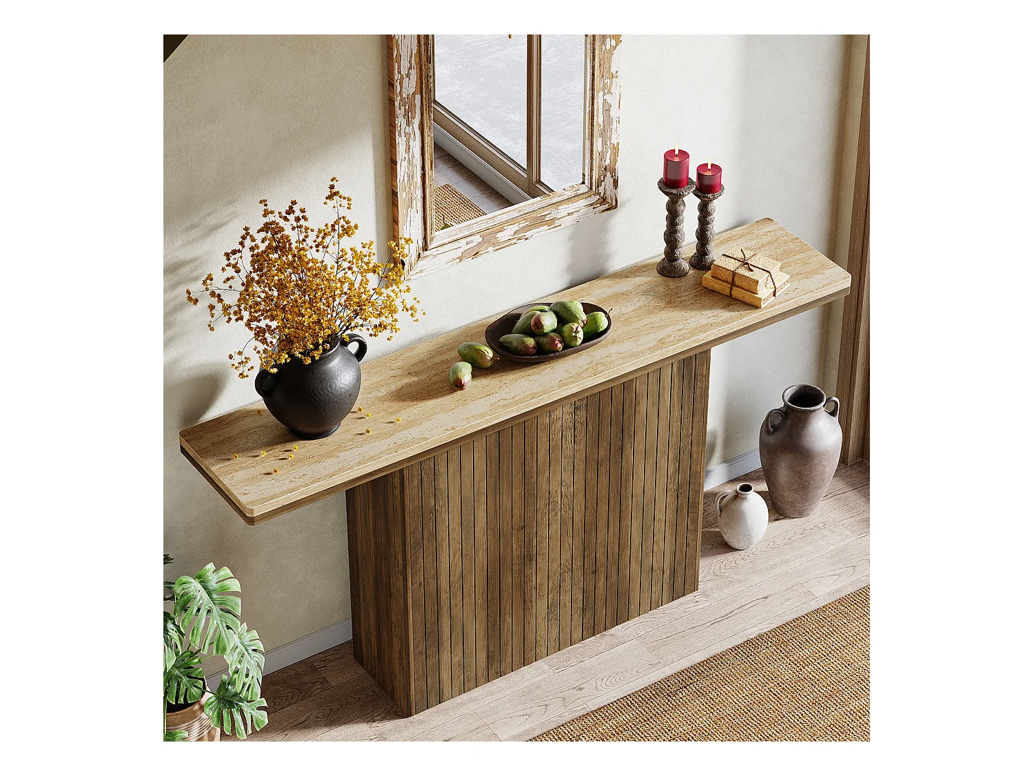 Console cannelée de style ferme pour entrée, table de canapé de 160 cm de long derrière le canapé