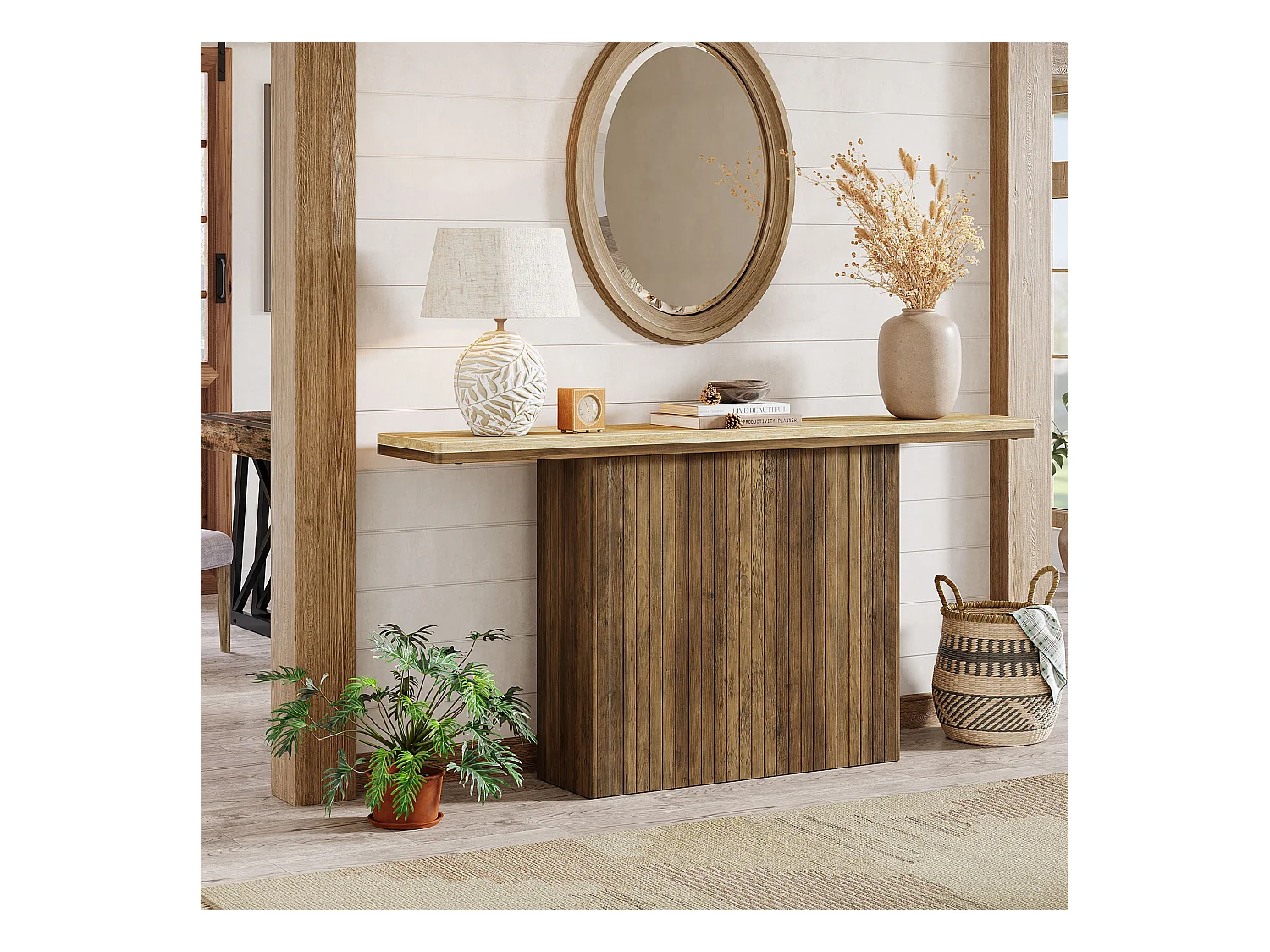 Console cannelée de style ferme pour entrée, table de canapé de 160 cm de long derrière le canapé