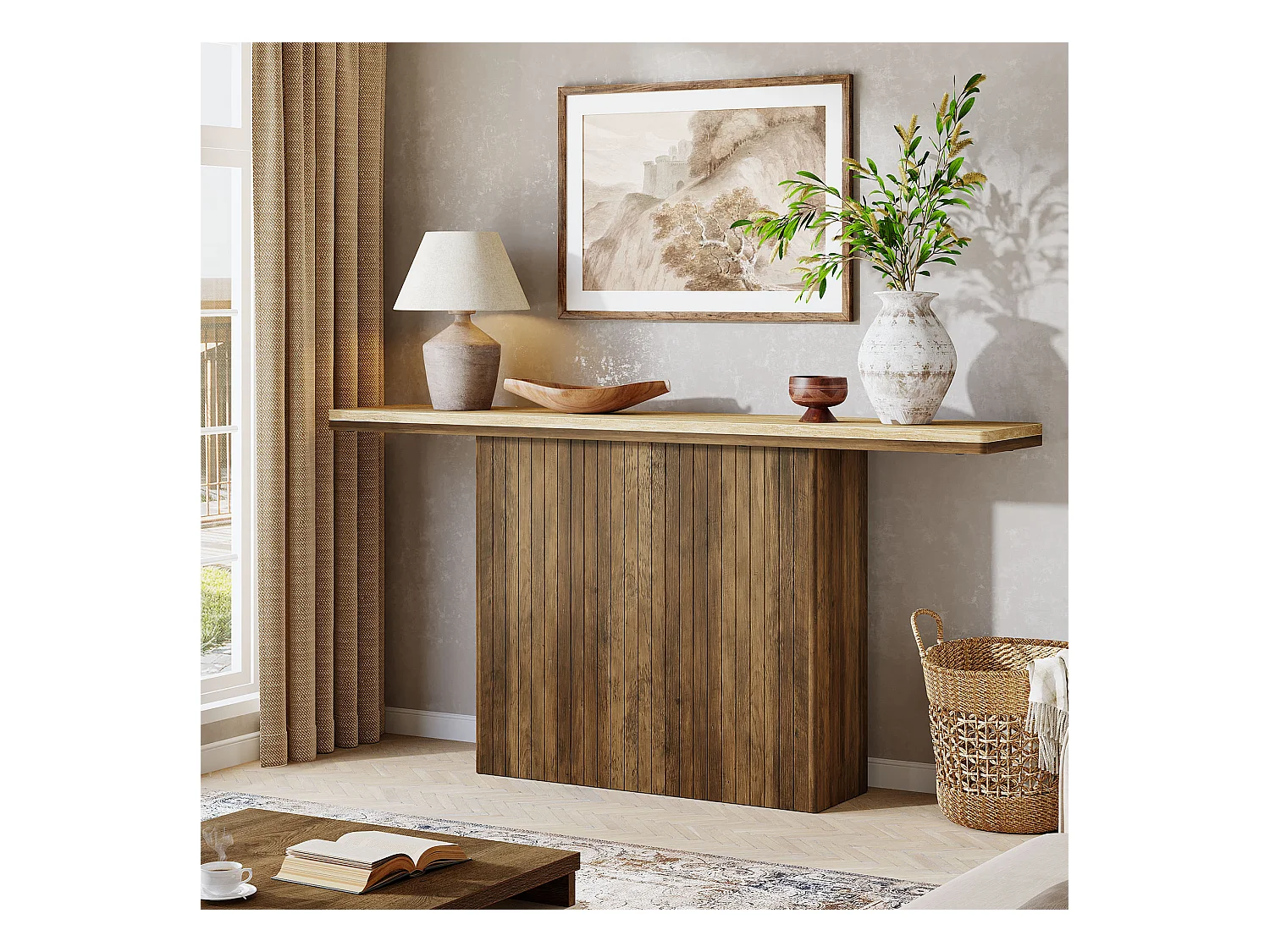 Console cannelée de style ferme pour entrée, table de canapé de 160 cm de long derrière le canapé