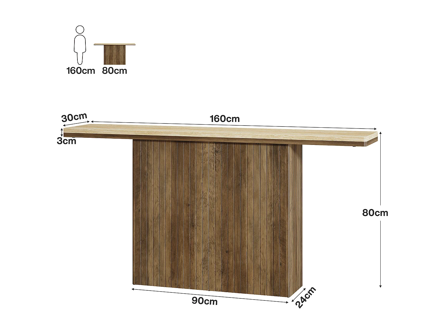 Console cannelée de style ferme pour entrée, table de canapé de 160 cm de long derrière le canapé