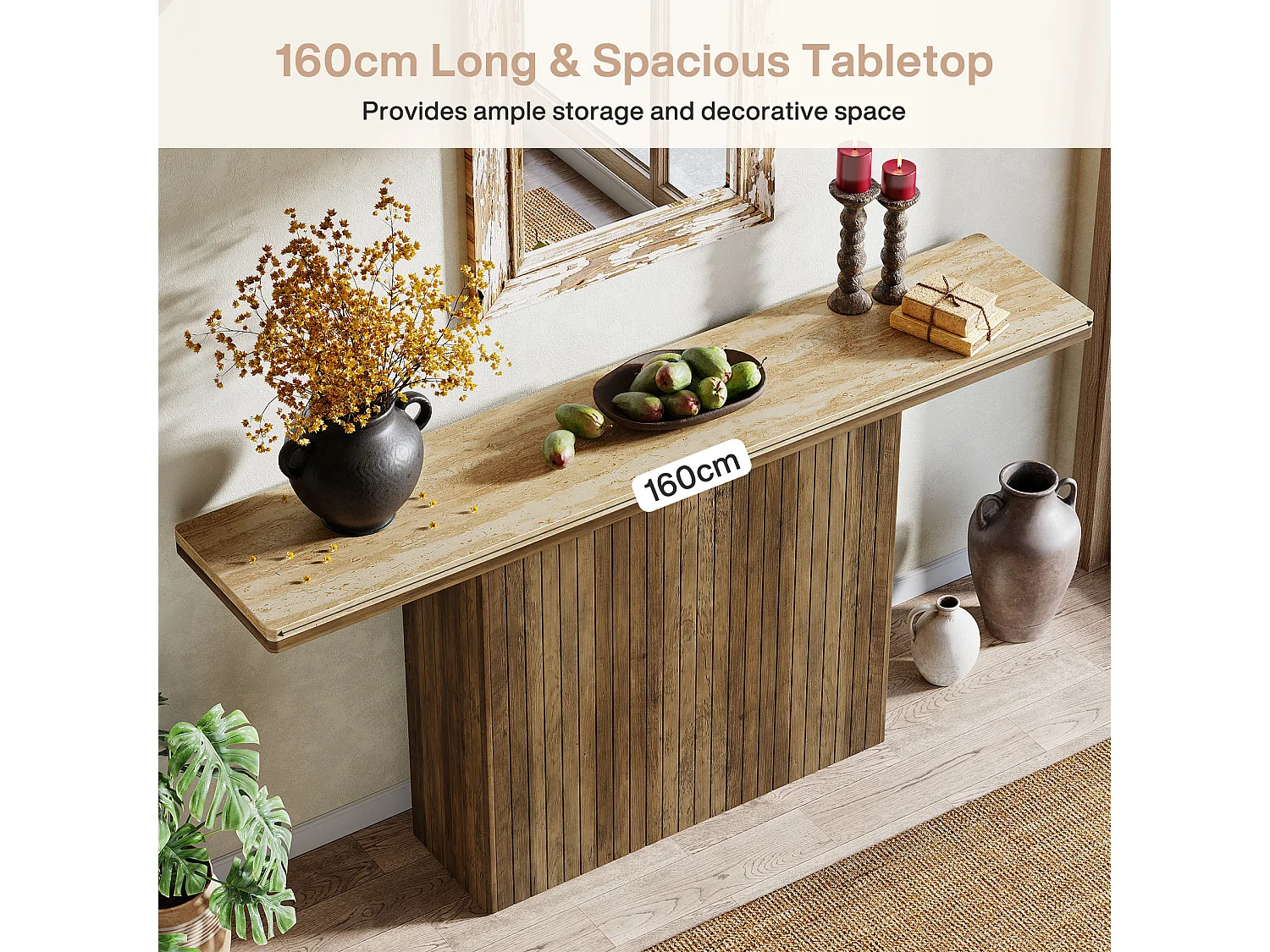 Console cannelée de style ferme pour entrée, table de canapé de 160 cm de long derrière le canapé