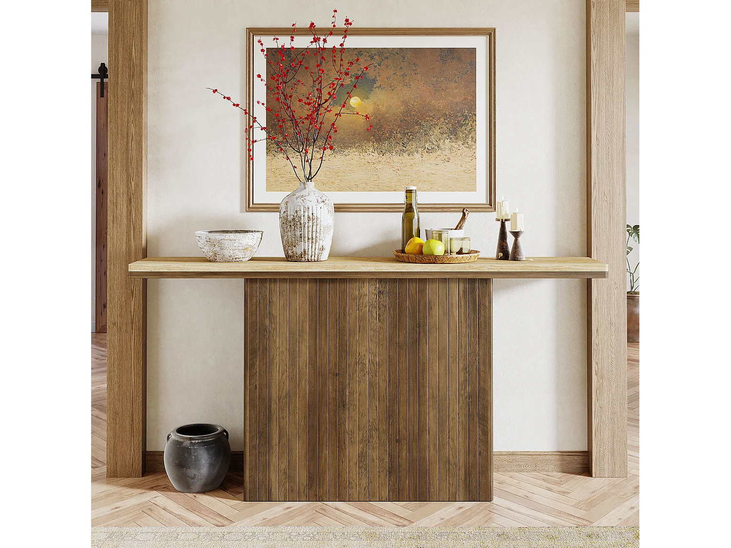 Console cannelée de style ferme pour entrée, table de canapé de 160 cm de long derrière le canapé