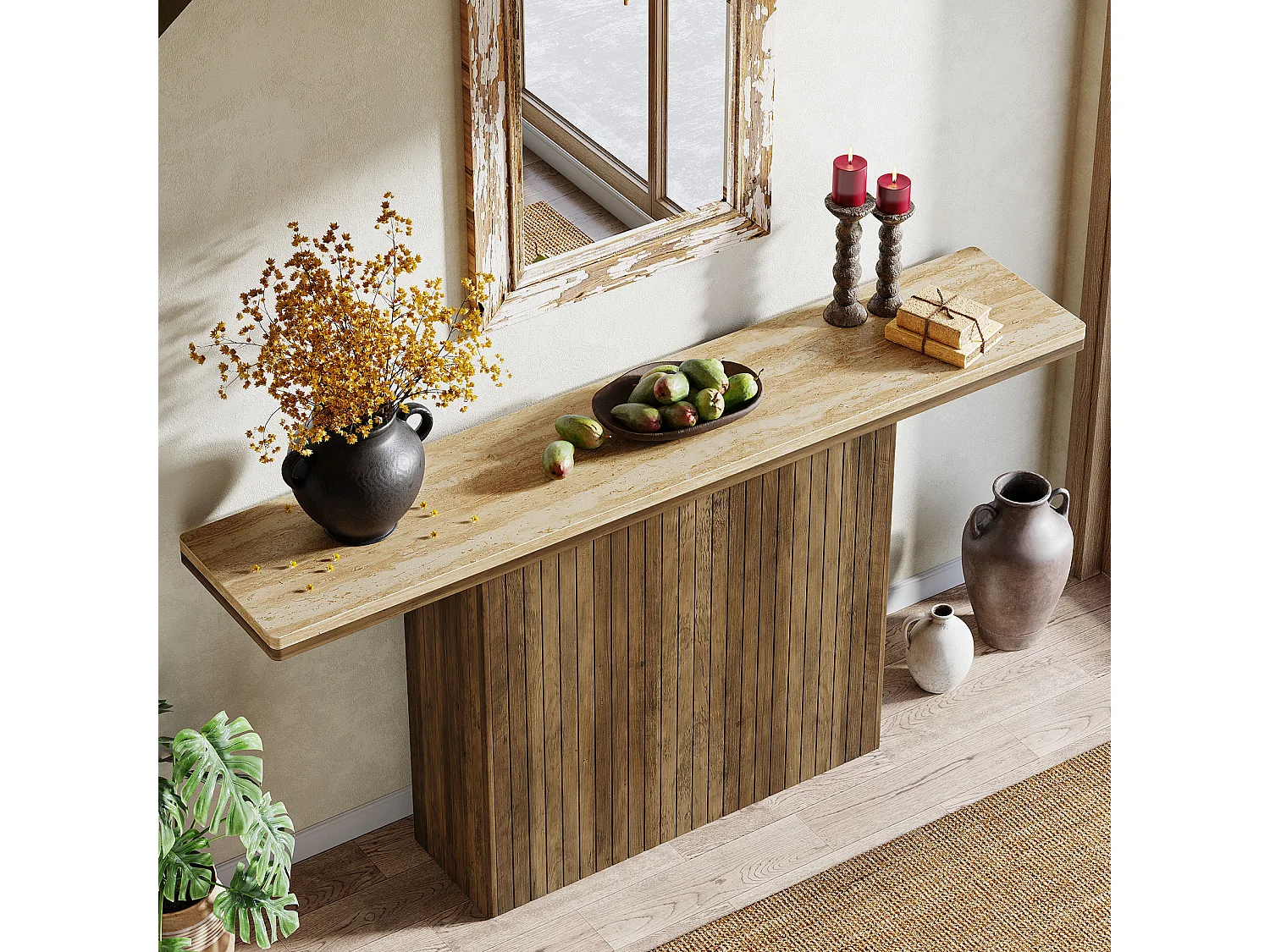 Console cannelée de style ferme pour entrée, table de canapé de 160 cm de long derrière le canapé