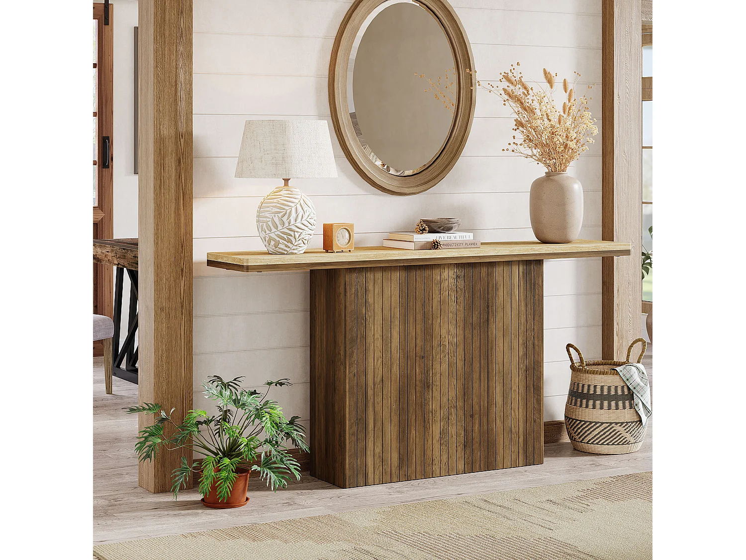 Console cannelée de style ferme pour entrée, table de canapé de 160 cm de long derrière le canapé