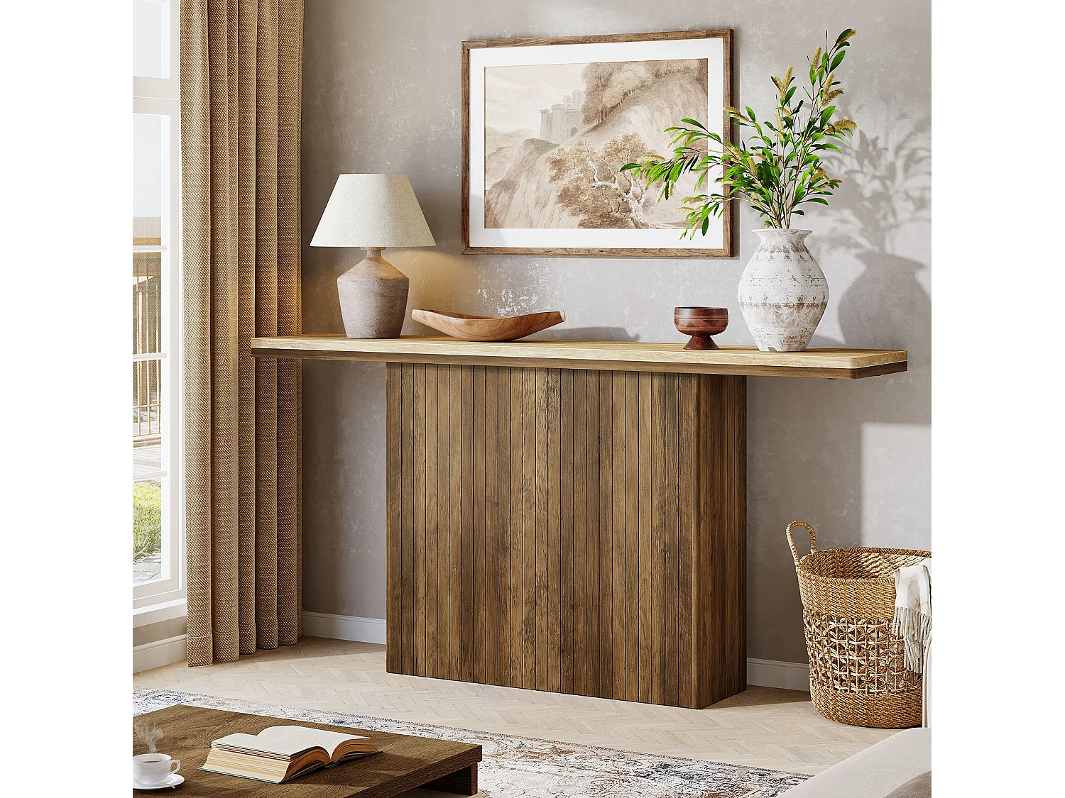 Console cannelée de style ferme pour entrée, table de canapé de 160 cm de long derrière le canapé