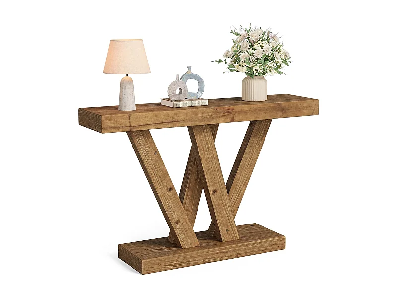 Console en bois massif, table d'entrée de style ferme de 120 cm avec base en V double