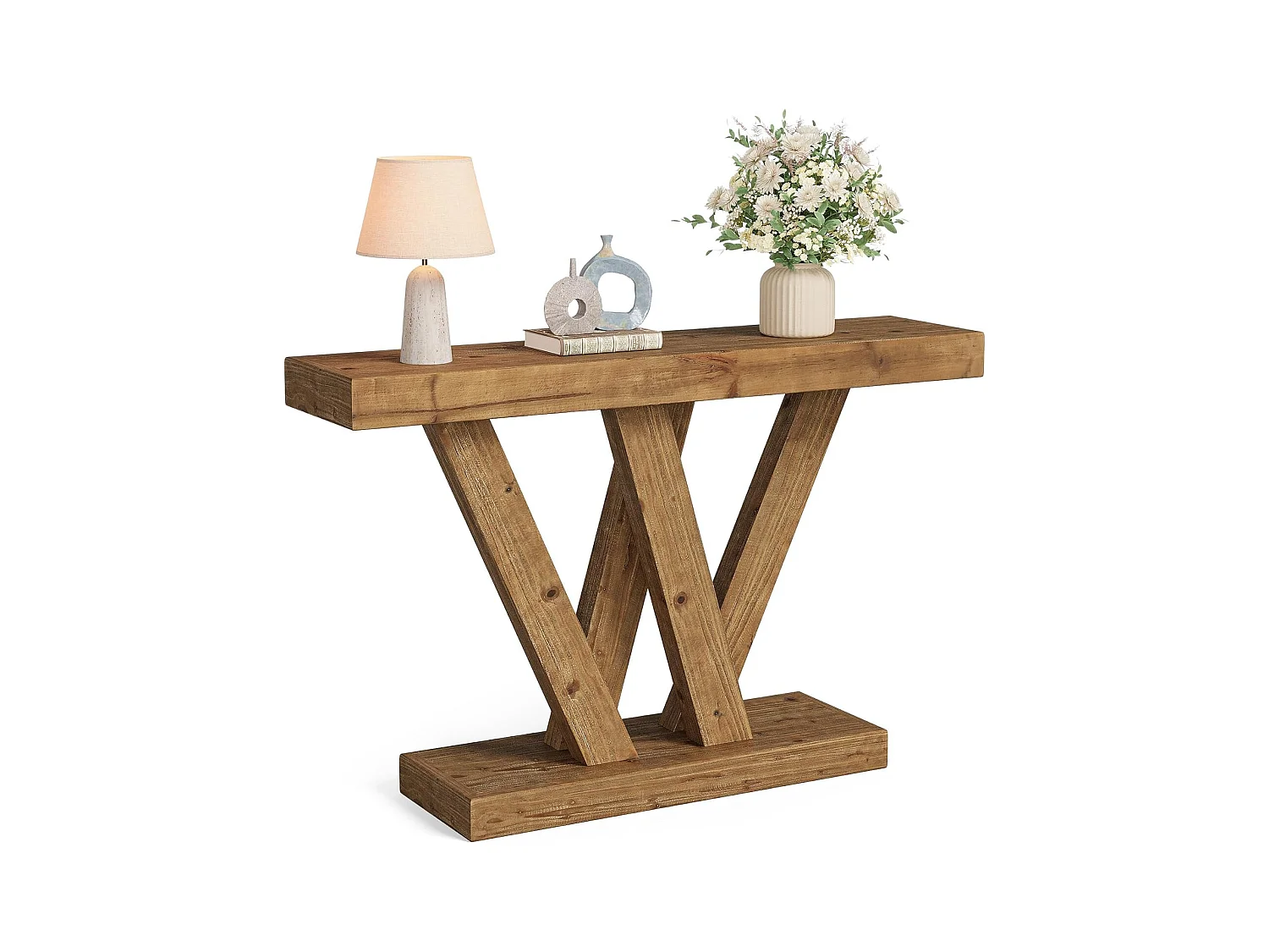 Console en bois massif, table d'entrée de style ferme de 120 cm avec base en V double
