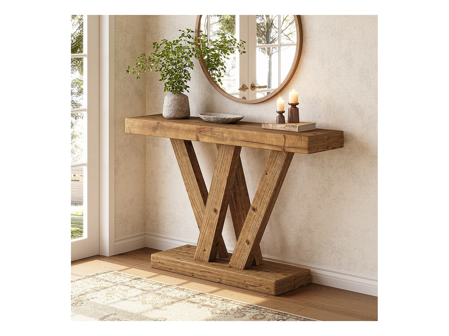 Console en bois massif, table d'entrée de style ferme de 120 cm avec base en V double