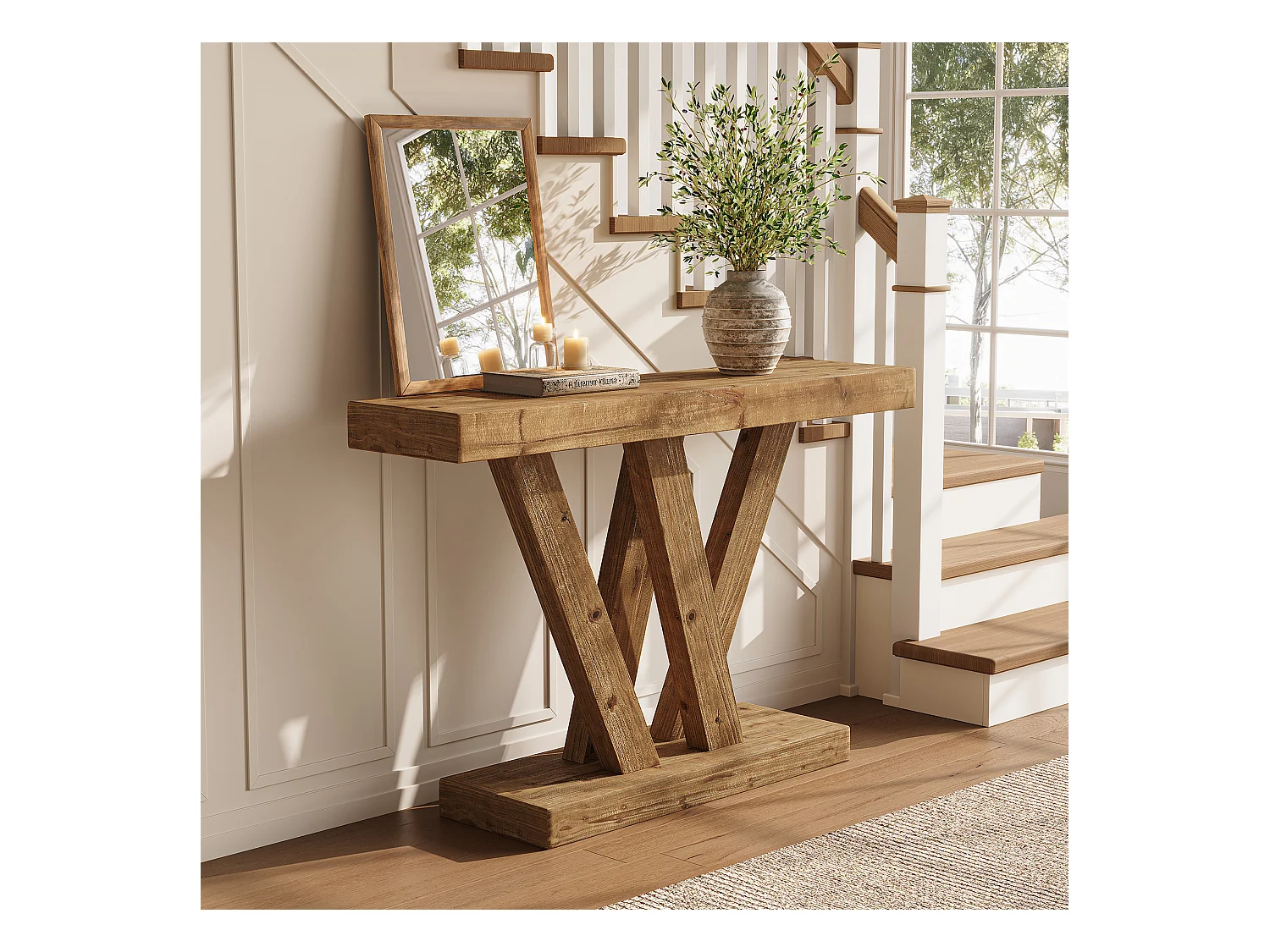 Console en bois massif, table d'entrée de style ferme de 120 cm avec base en V double