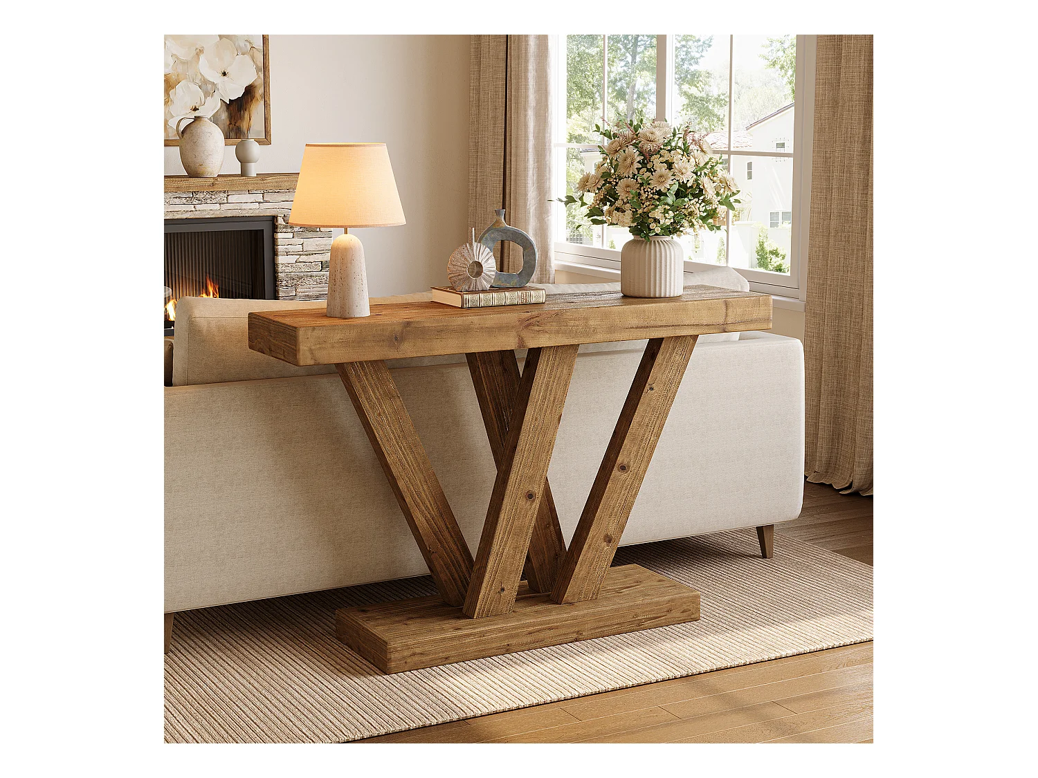 Console en bois massif, table d'entrée de style ferme de 120 cm avec base en V double
