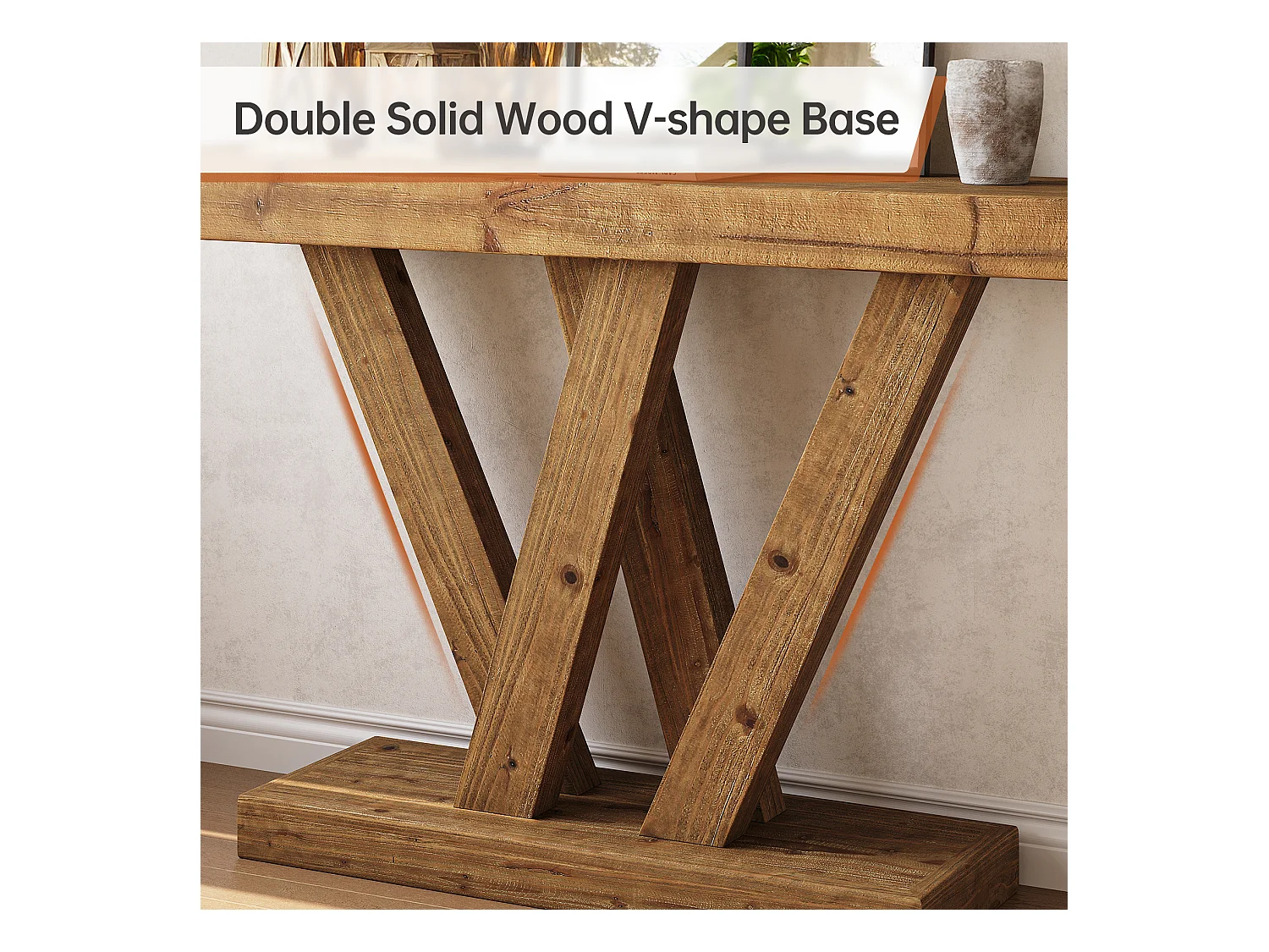 Console en bois massif, table d'entrée de style ferme de 120 cm avec base en V double