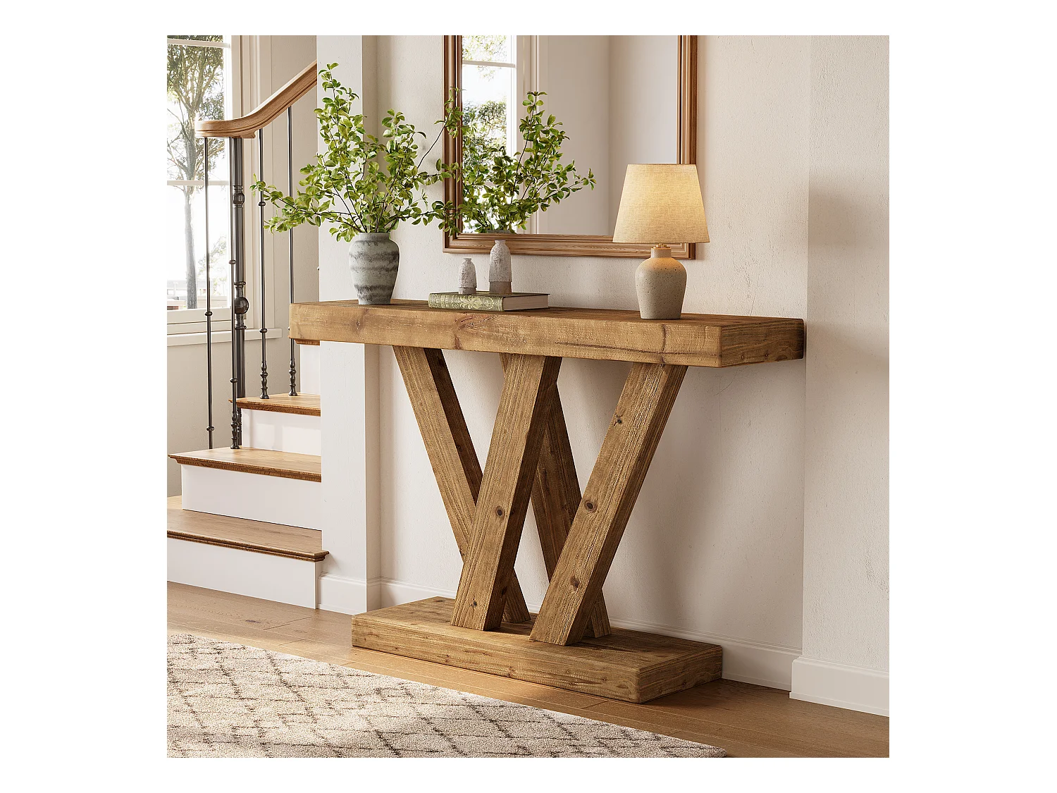 Console en bois massif, table d'entrée de style ferme de 120 cm avec base en V double