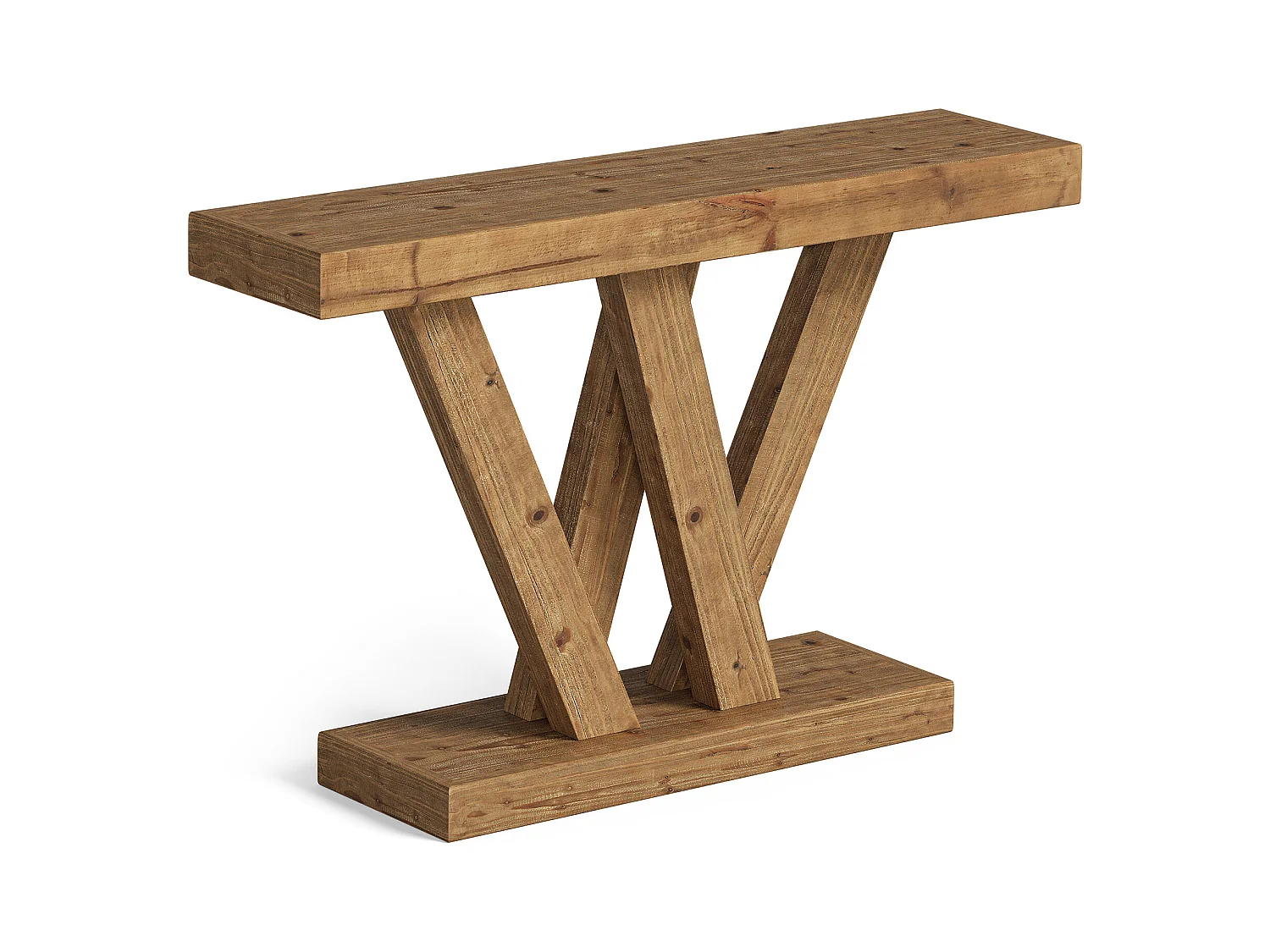 Console en bois massif, table d'entrée de style ferme de 120 cm avec base en V double