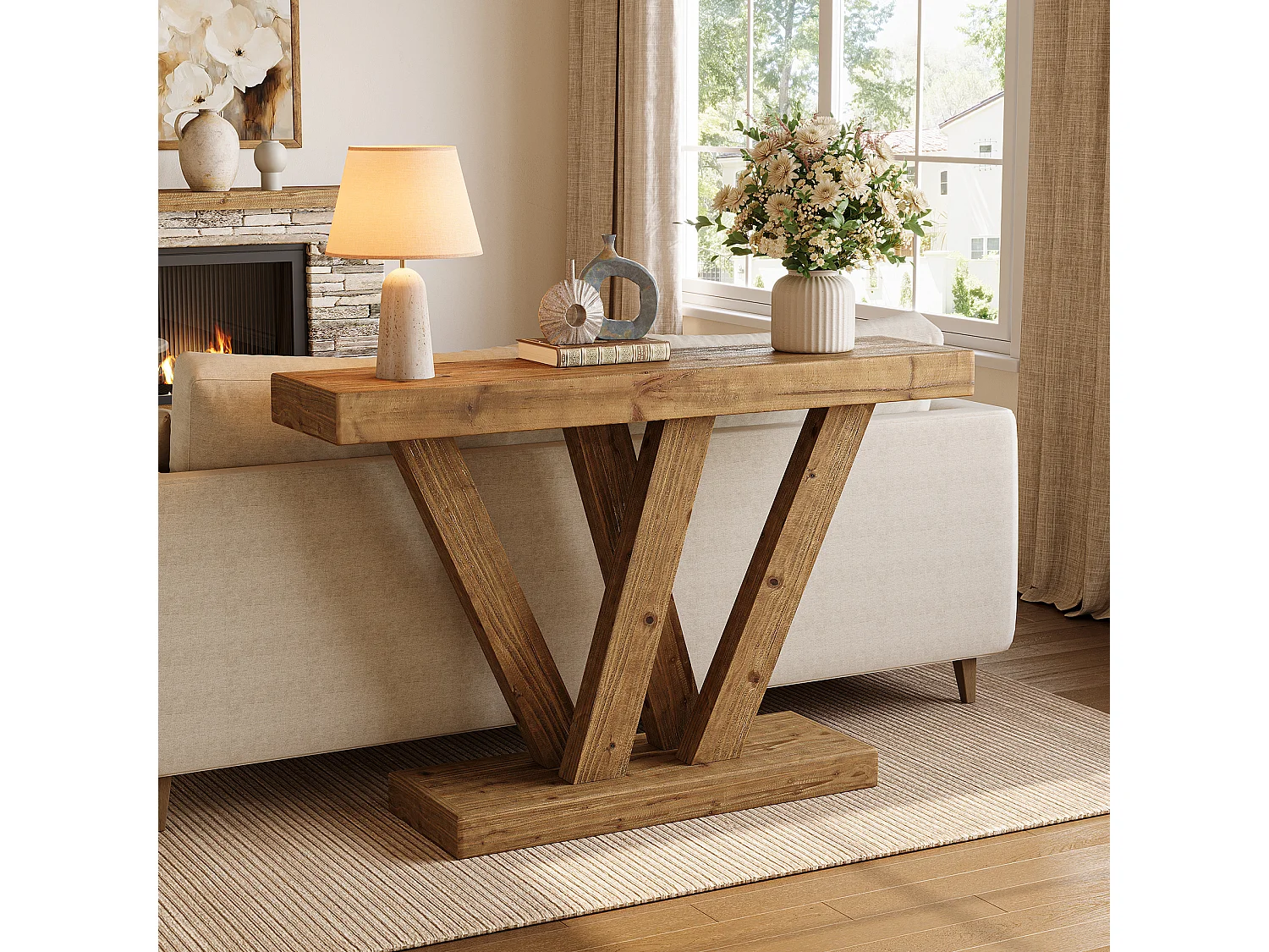 Konsola z litego drewna, stolik kawowy do przedpokoju, 120 cm, z podwójną podstawą w kształcie litery V