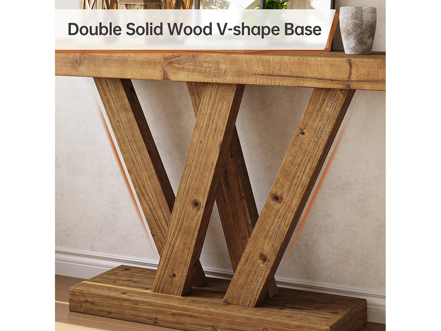 Konsola z litego drewna, stolik kawowy do przedpokoju, 120 cm, z podwójną podstawą w kształcie litery V