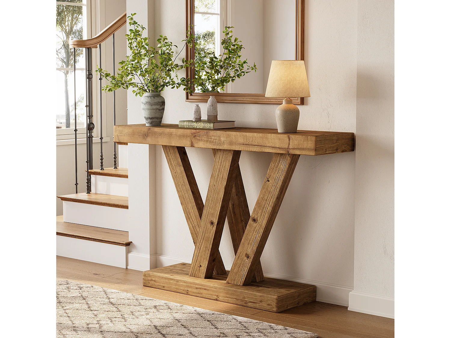 Konsola z litego drewna, stolik kawowy do przedpokoju, 120 cm, z podwójną podstawą w kształcie litery V
