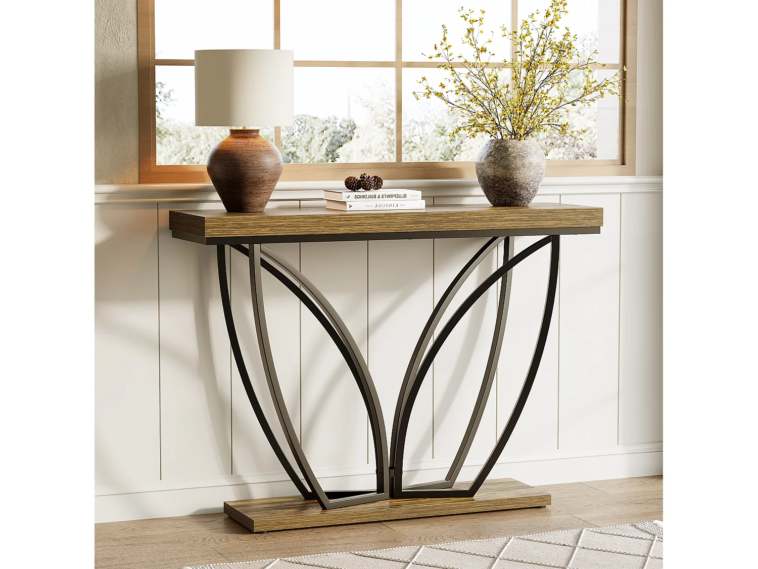 105 cm Industrie-Ständer hinter der Couch, schmaler langer Couchtisch für die Eingangshalle