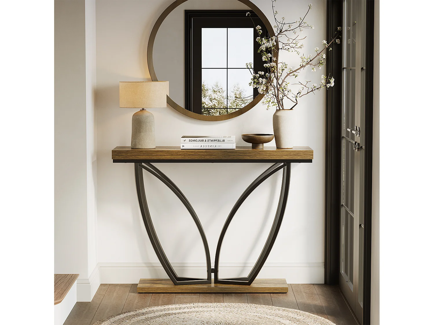 105 cm Industrie-Ständer hinter der Couch, schmaler langer Couchtisch für die Eingangshalle