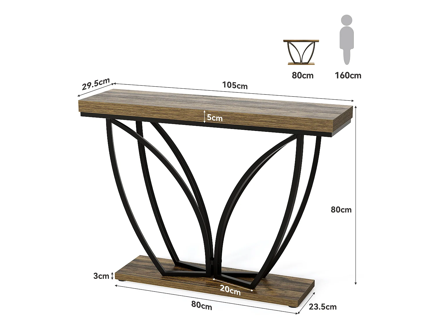 Console industrielle de 105 cm, meuble d'entrée étroit et long