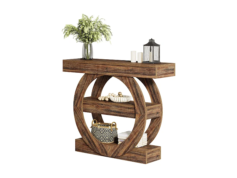 Rustikaler 3-Etagen-Spreiztisch mit Ablagefächern, 105 cm langer Sofatisch hinter der Couch