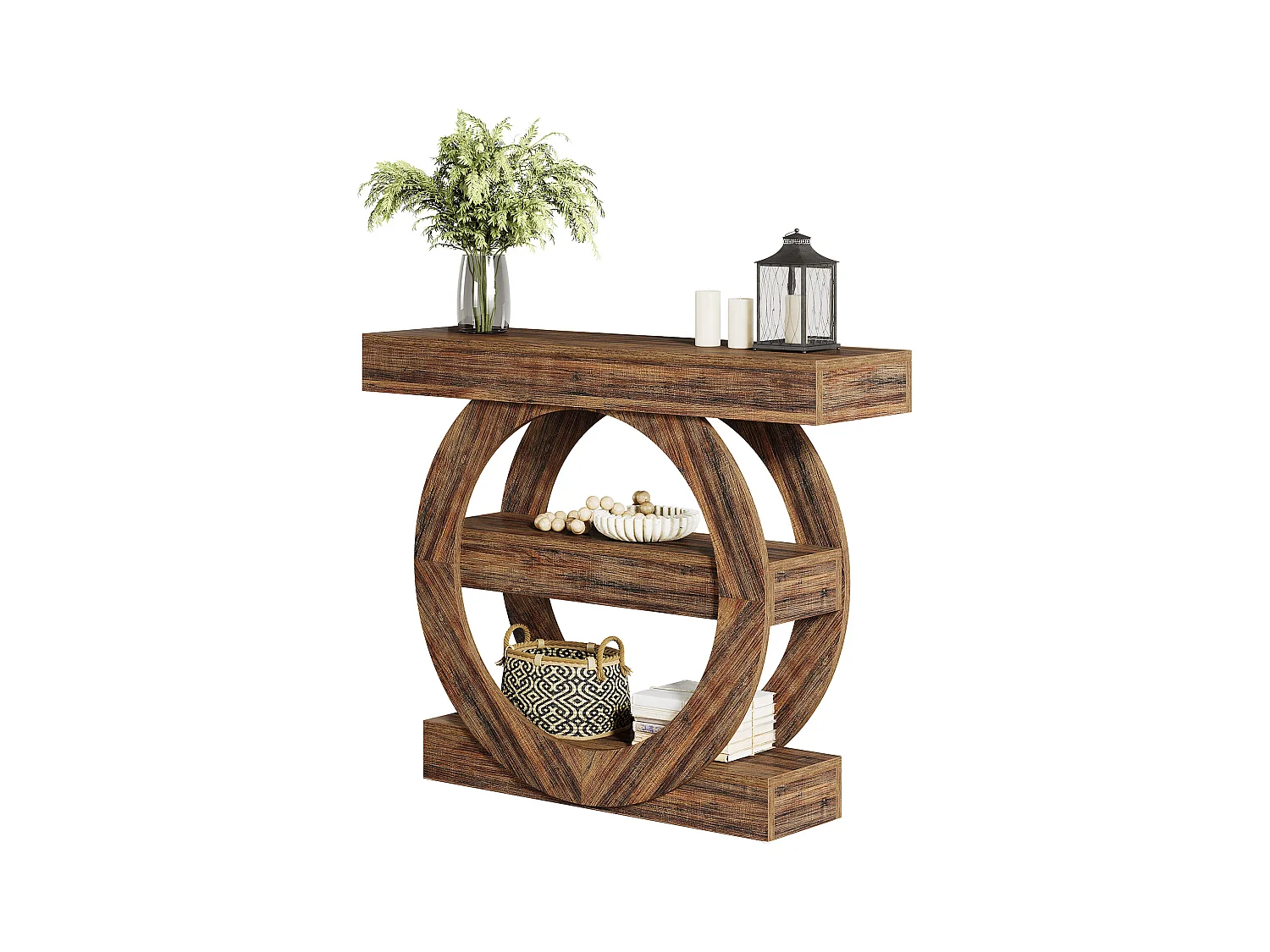 Rustieke smalle entreetafel met 3 lagen en opbergplanken, 105 cm salontafel achter de bank