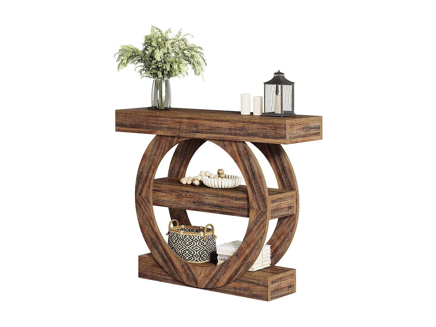 Rustieke smalle entreetafel met 3 lagen en opbergplanken, 105 cm salontafel achter de bank